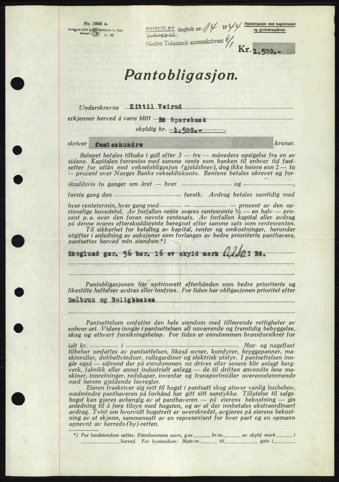 Nedre Telemark sorenskriveri, SAKO/A-135/G/Ga/Gaa/L0051: Pantebok nr. A-51, 1943-1944, Dagboknr: 14/1944