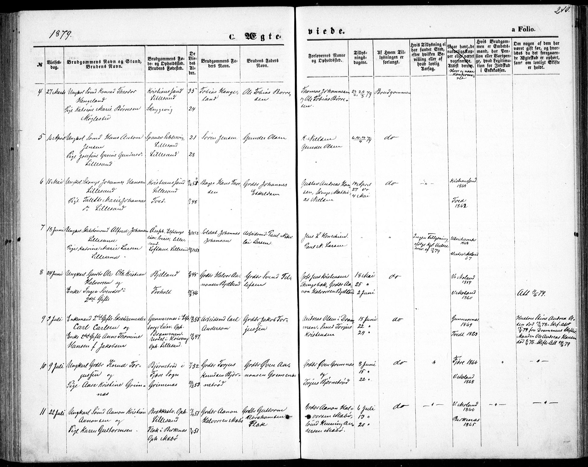 Vestre Moland sokneprestkontor, AV/SAK-1111-0046/F/Fb/Fbb/L0005: Klokkerbok nr. B 5, 1872-1883, s. 210