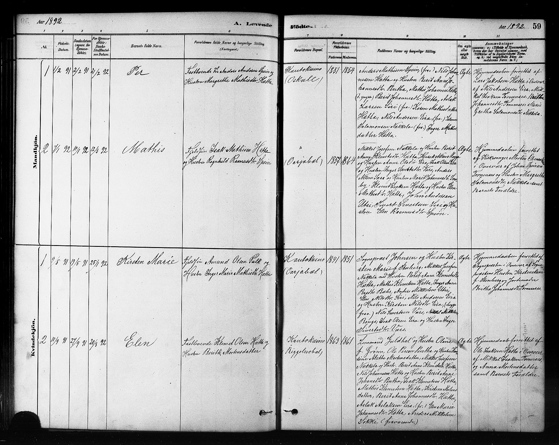 Kautokeino sokneprestembete, AV/SATØ-S-1340/H/Hb/L0002.klokk: Klokkerbok nr. 2, 1877-1896, s. 59