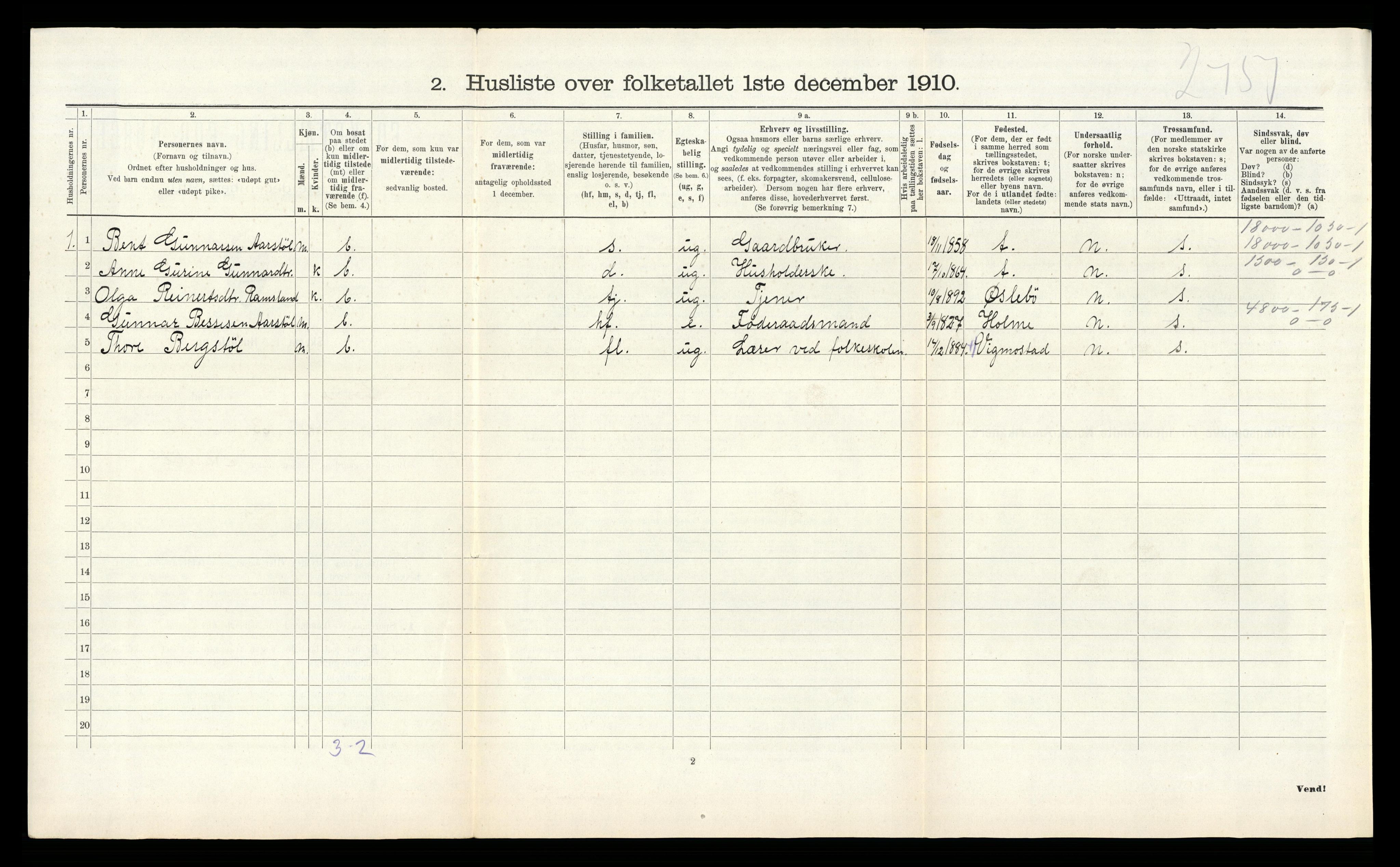 RA, Folketelling 1910 for 1018 Søgne herred, 1910, s. 1231