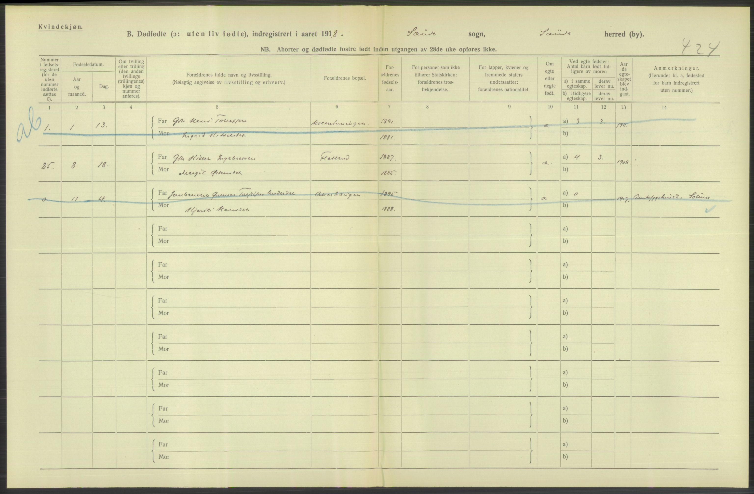 Statistisk sentralbyrå, Sosiodemografiske emner, Befolkning, RA/S-2228/D/Df/Dfb/Dfbh/L0025: Telemark fylke: Gifte, dødfødte. Bygder og byer., 1918, s. 352