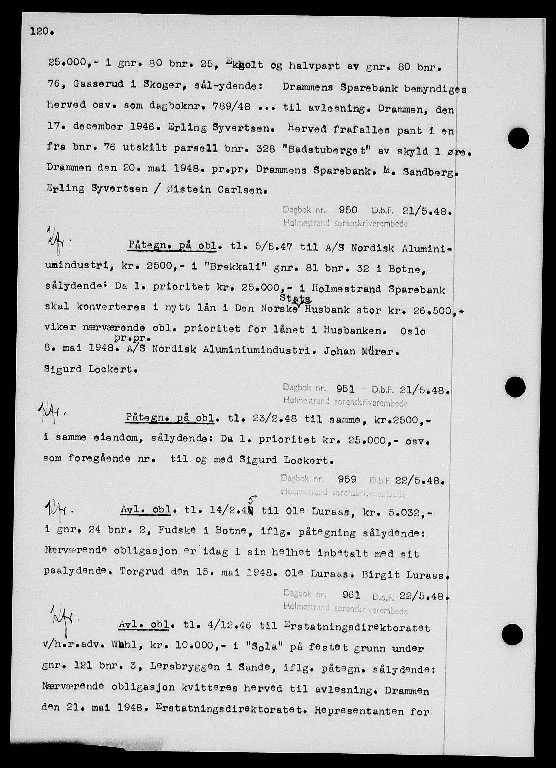 Holmestrand sorenskriveri, SAKO/A-67/G/Ga/Gab/L0058: Pantebok nr. B-58, 1947-1948, s. 120, Dagboknr: 950/1948