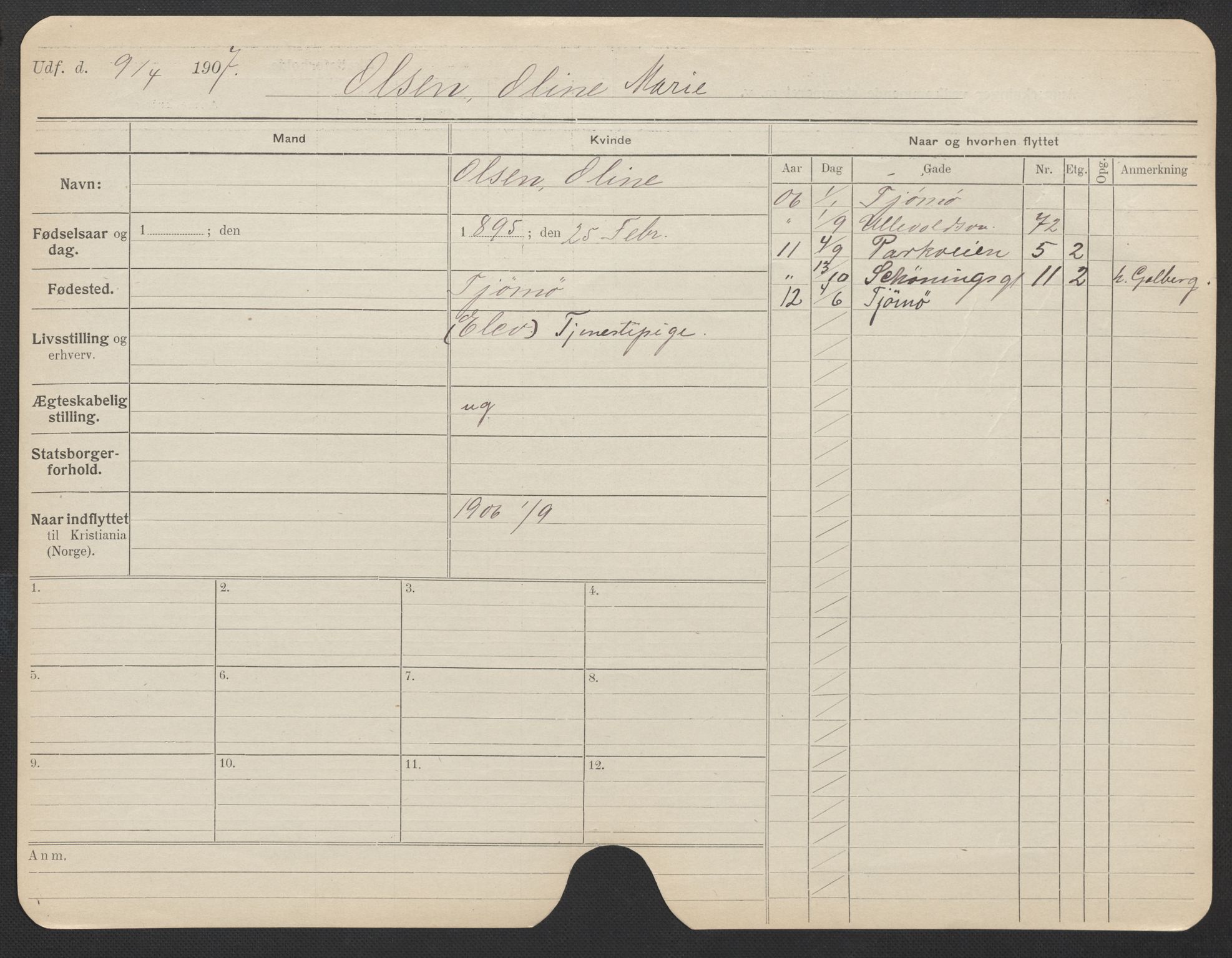 Oslo folkeregister, Registerkort, AV/SAO-A-11715/F/Fa/Fac/L0022: Kvinner, 1906-1914, s. 271a