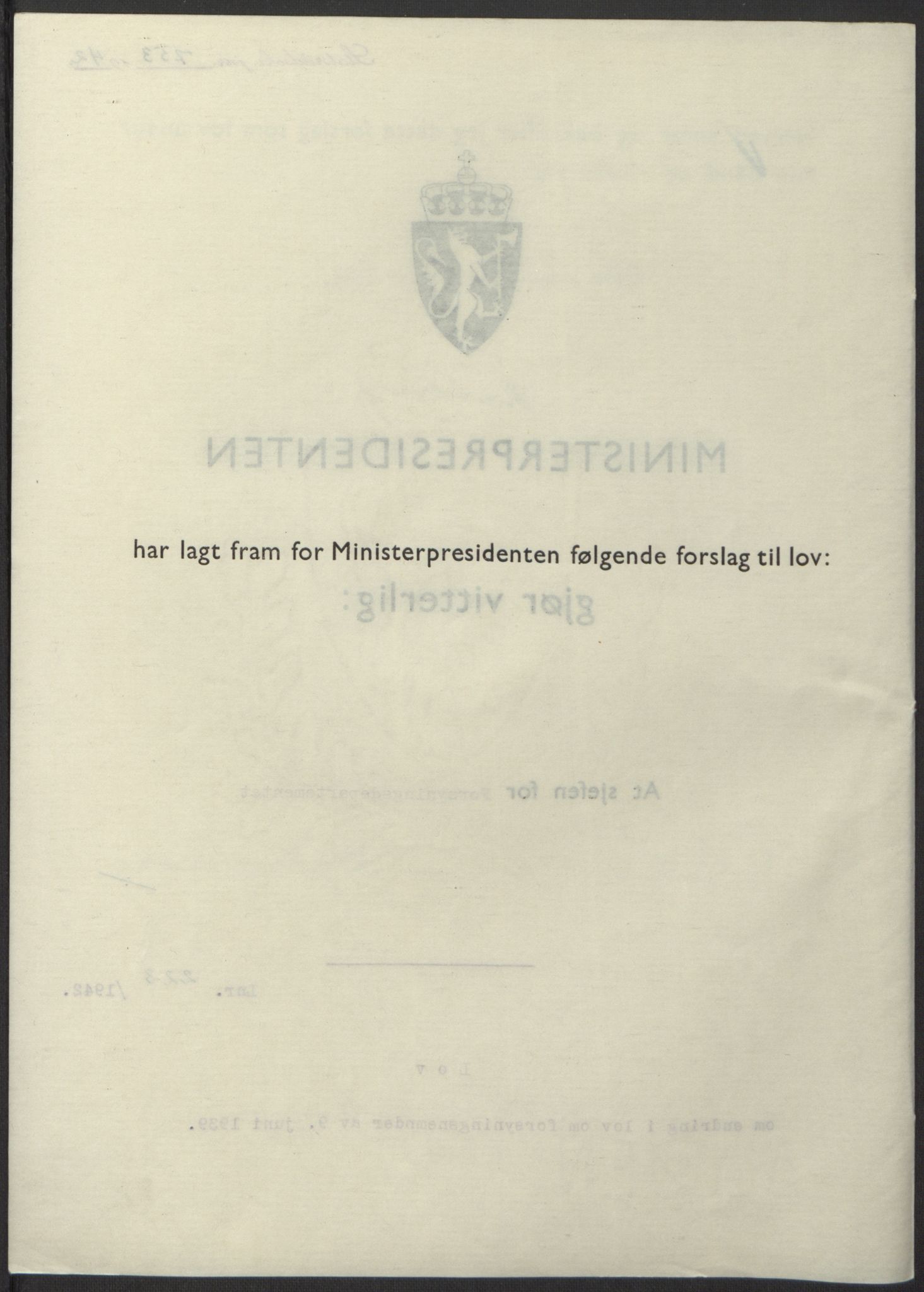 NS-administrasjonen 1940-1945 (Statsrådsekretariatet, de kommisariske statsråder mm), AV/RA-S-4279/D/Db/L0098: Lover II, 1942, s. 533