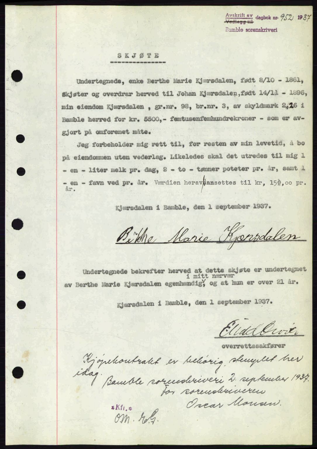 Bamble sorenskriveri, AV/SAKO-A-214/G/Ga/Gag/L0002: Pantebok nr. A-2, 1937-1938, Dagboknr: 952/1937