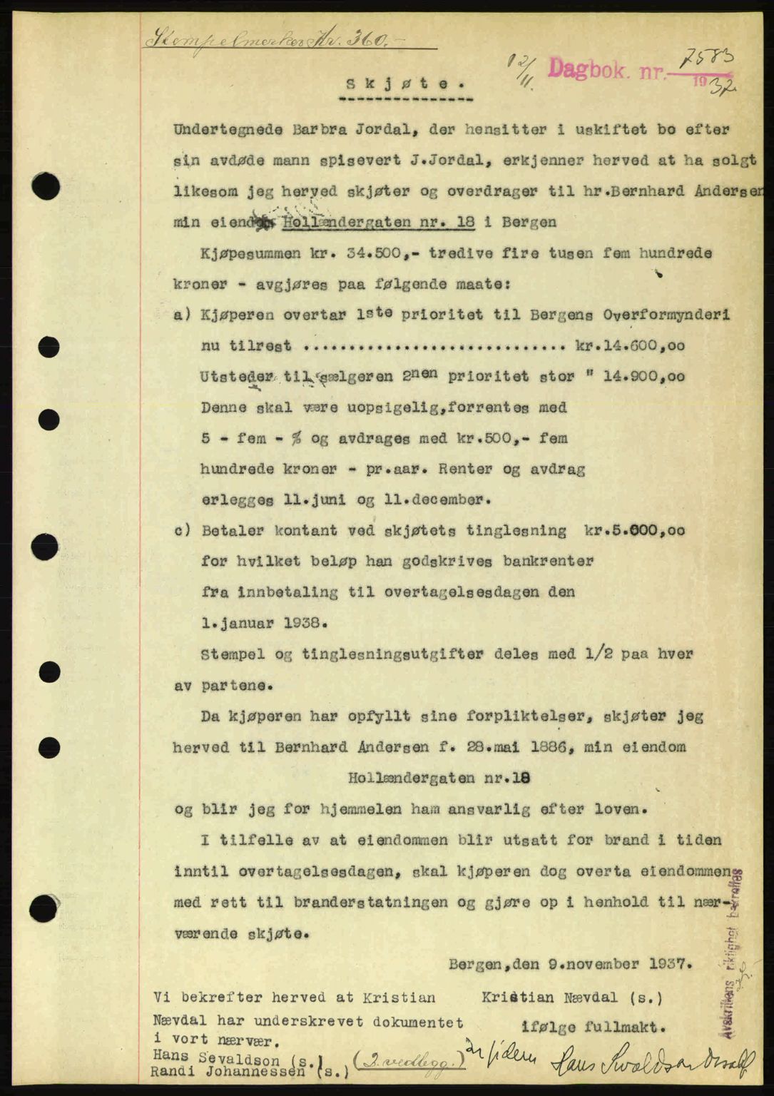 Byfogd og Byskriver i Bergen, SAB/A-3401/03/03Bc/L0006: Pantebok nr. A5, 1937-1938, Dagboknr: 7583/1937