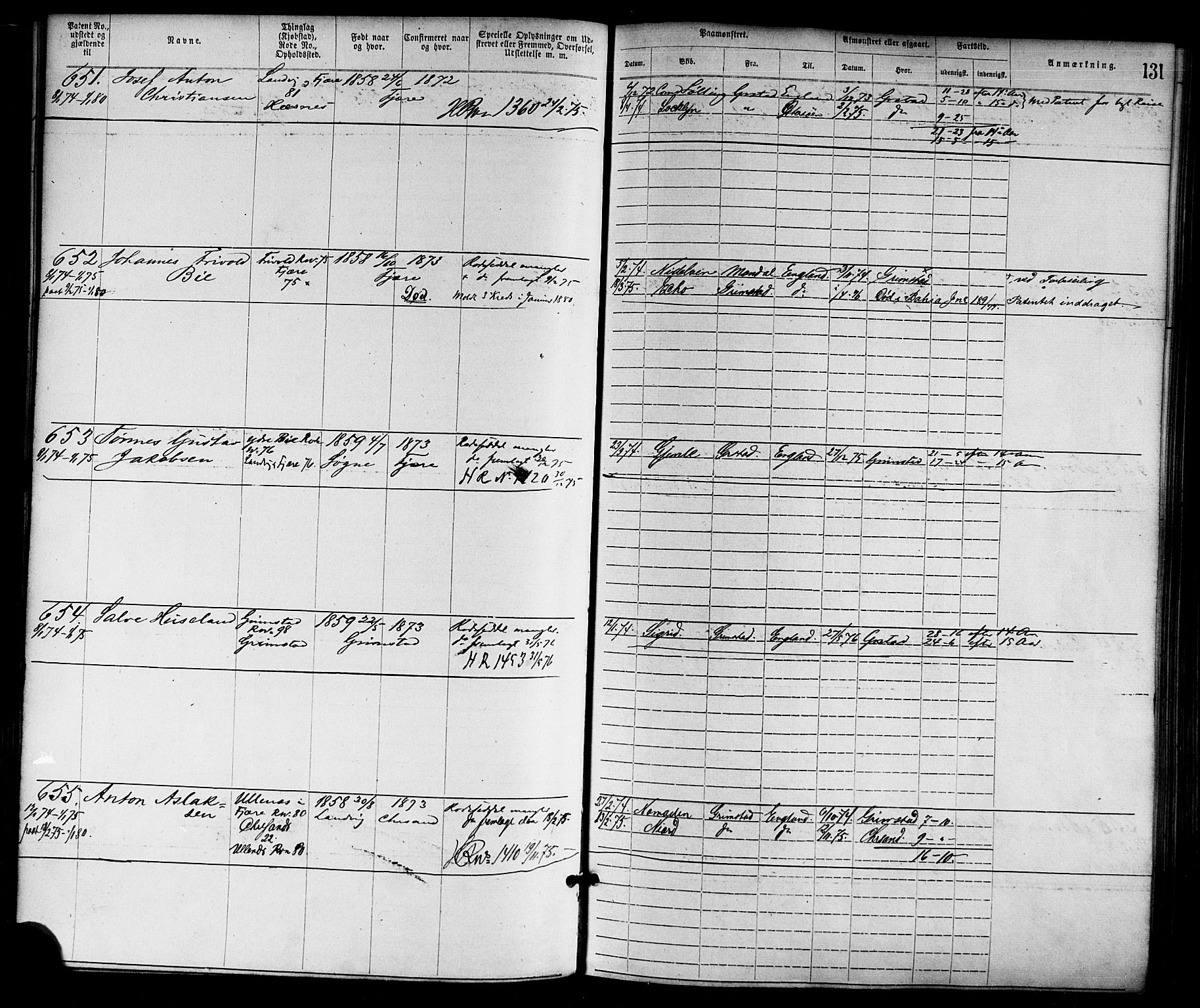 Grimstad mønstringskrets, SAK/2031-0013/F/Fa/L0001: Annotasjonsrulle nr 1-1920 med register, F-1, 1870-1892, s. 153
