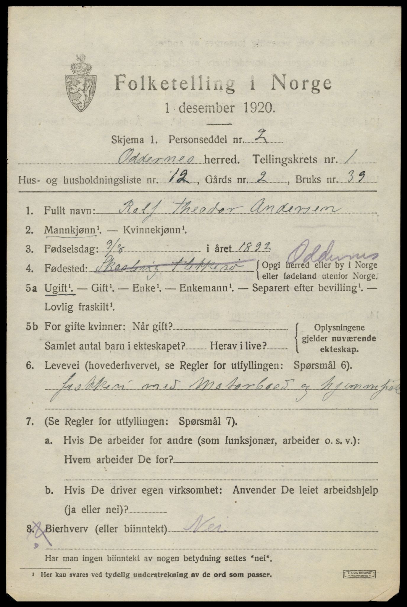 SAK, Folketelling 1920 for 1012 Oddernes herred, 1920, s. 2159