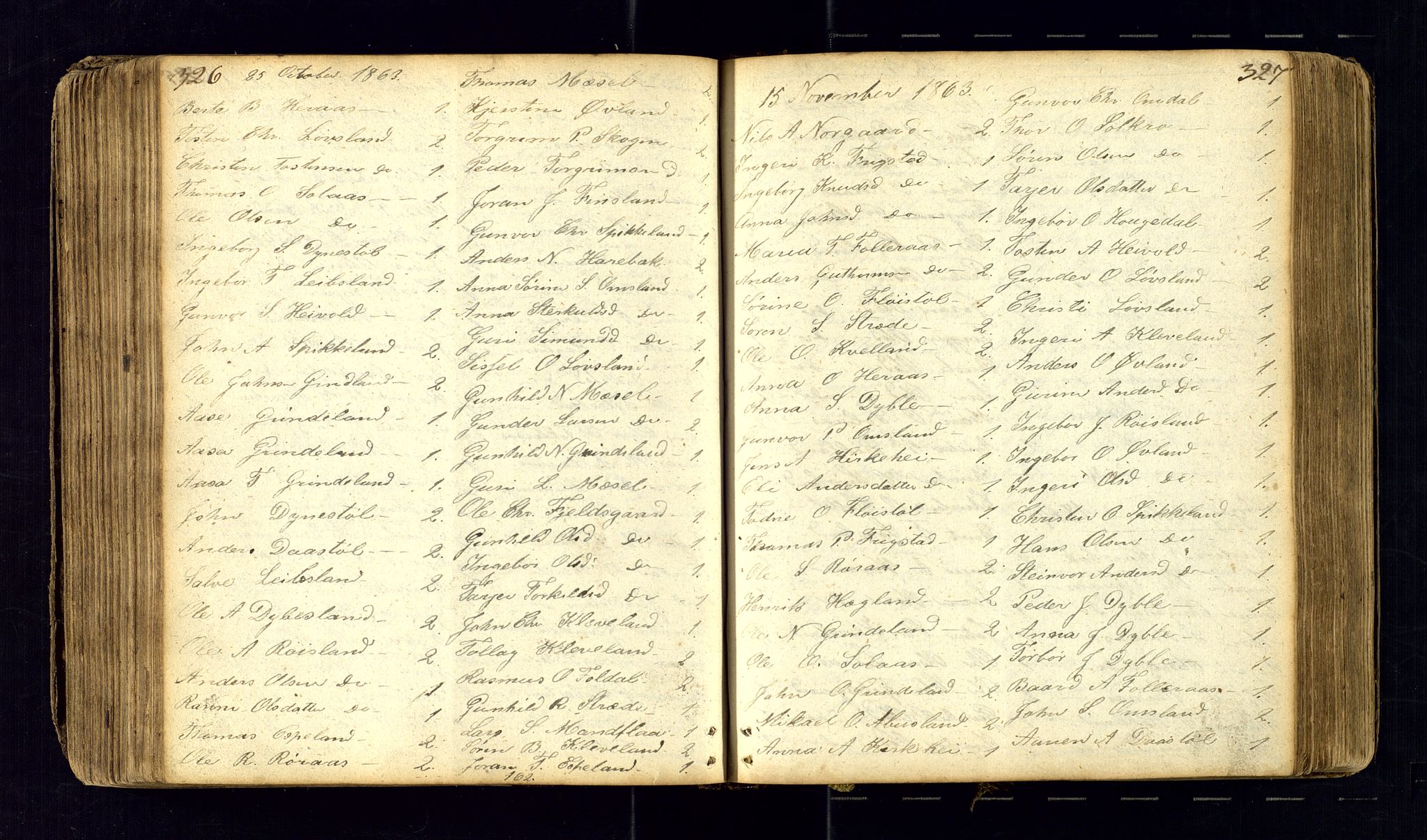 Bjelland sokneprestkontor, AV/SAK-1111-0005/F/Fc/Fcb/L0001: Kommunikantprotokoll nr. C-1, 1827-1906, s. 326-327