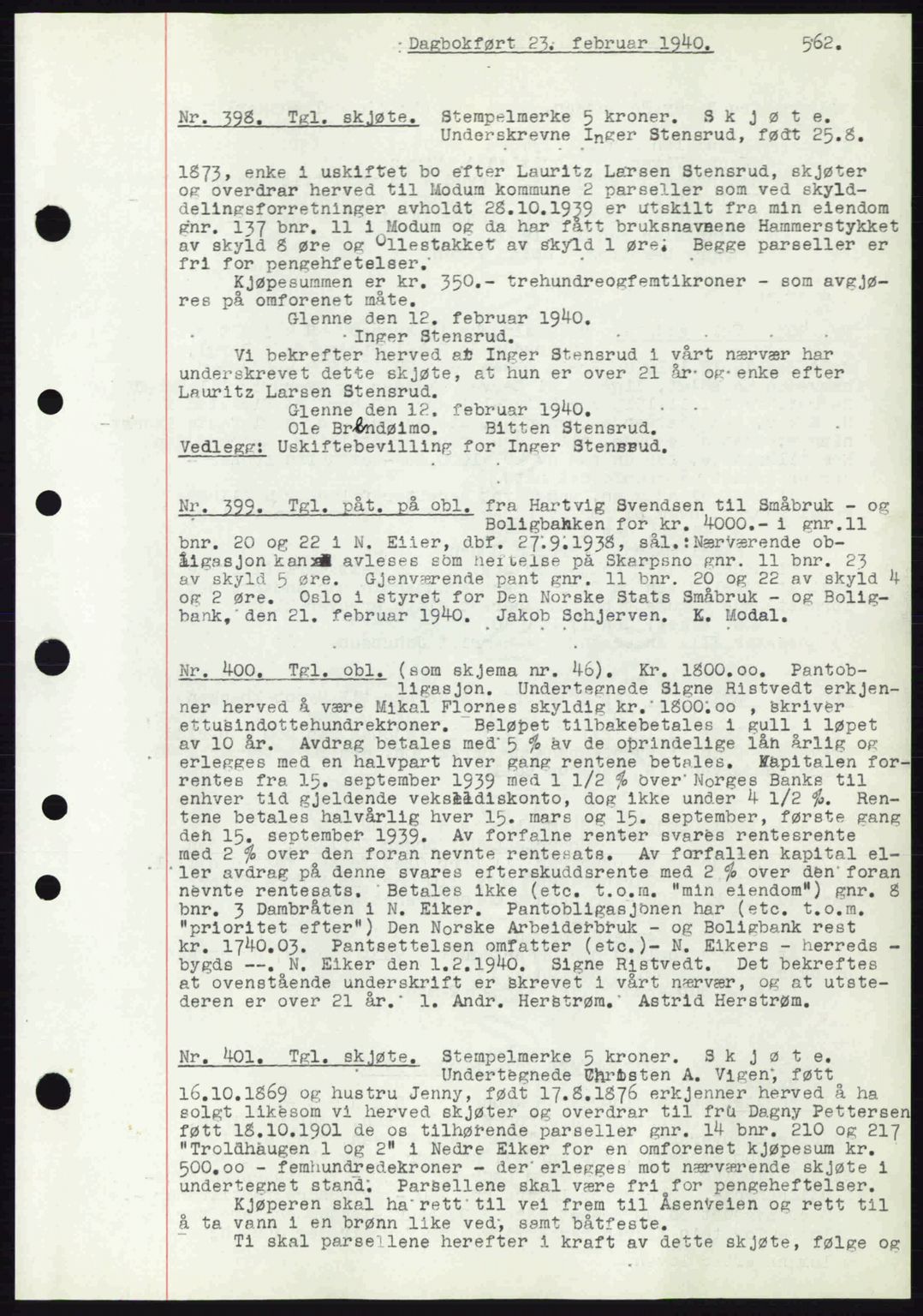 Eiker, Modum og Sigdal sorenskriveri, SAKO/A-123/G/Ga/Gab/L0041: Pantebok nr. A11, 1939-1940, Dagboknr: 398/1940