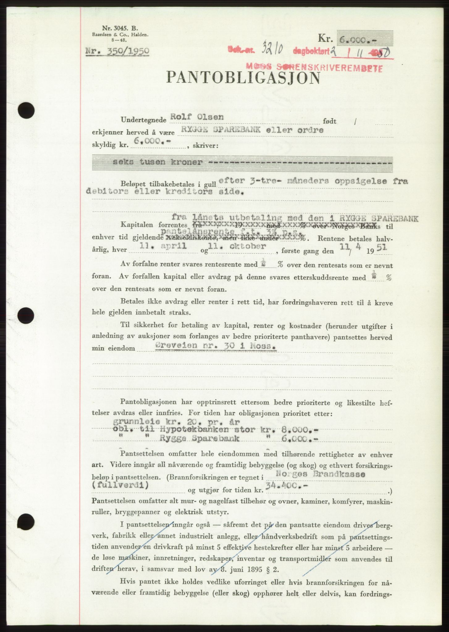 Moss sorenskriveri, SAO/A-10168: Pantebok nr. B25, 1950-1950, Dagboknr: 3210/1950