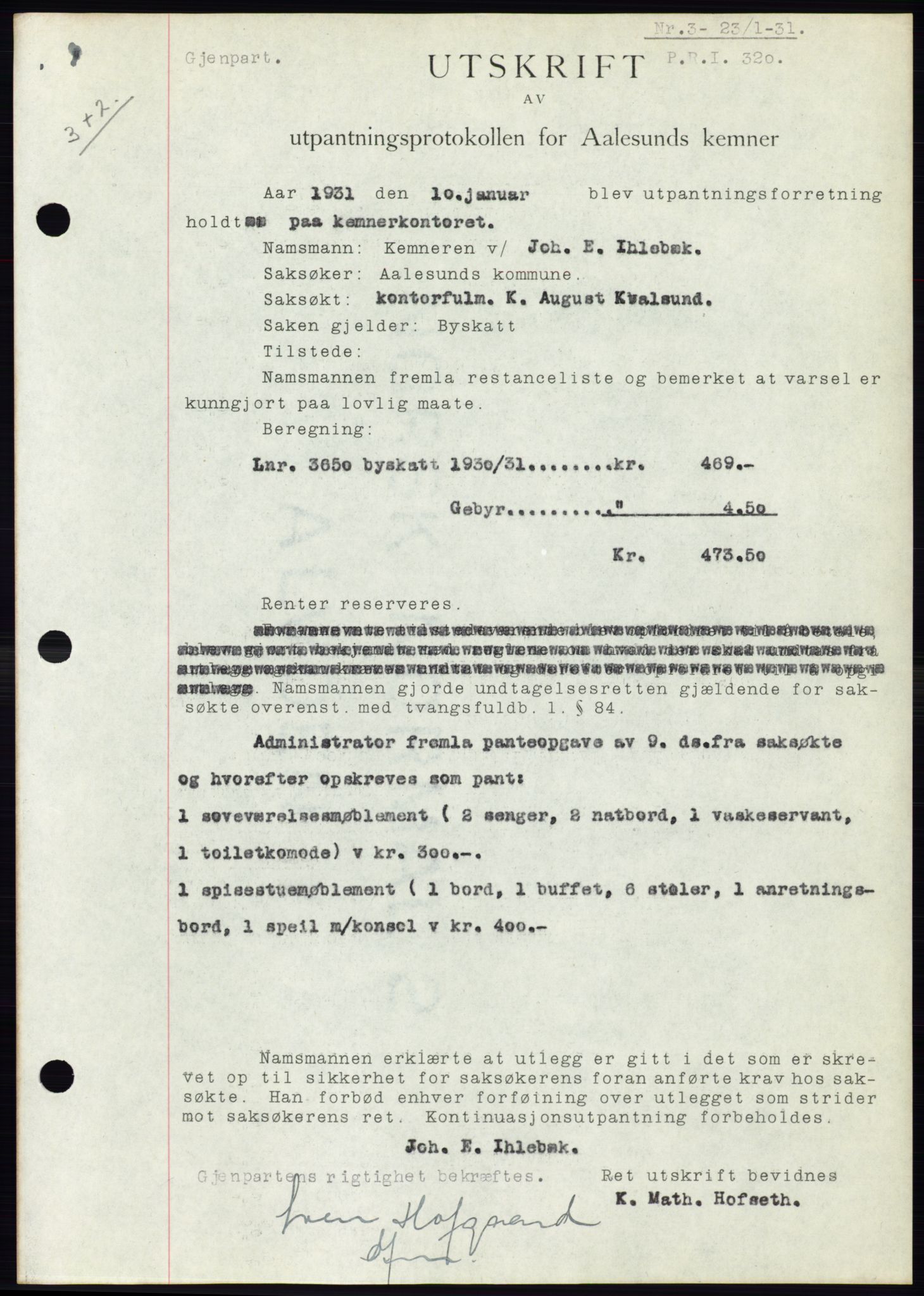 Ålesund byfogd, AV/SAT-A-4384: Pantebok nr. 27, 1930-1931, Tingl.dato: 23.01.1931