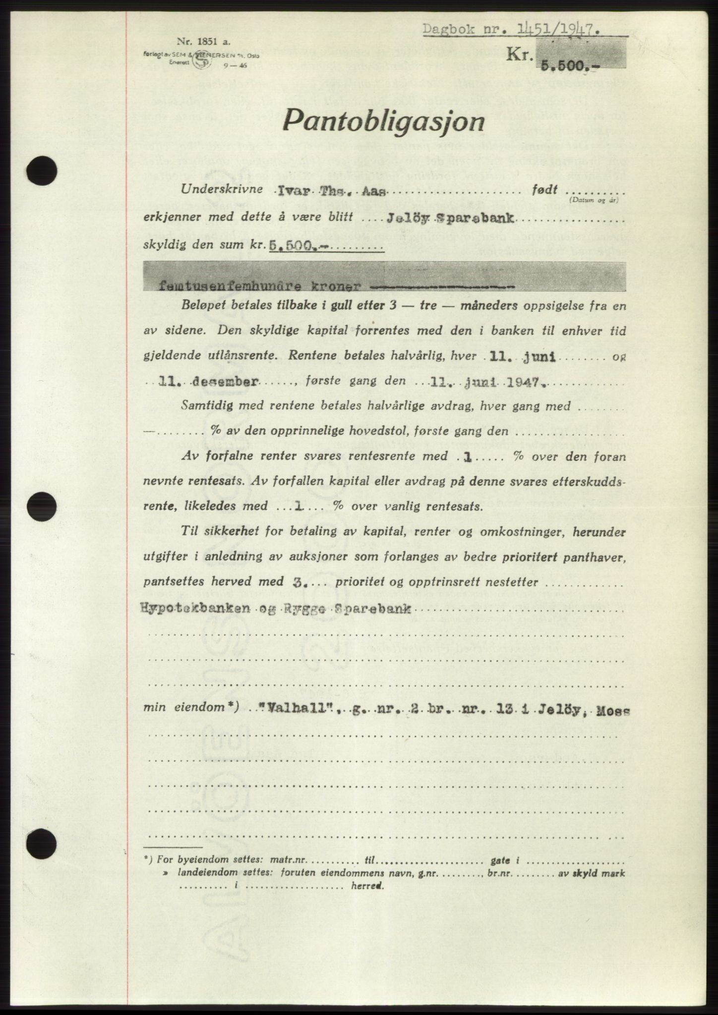 Moss sorenskriveri, SAO/A-10168: Pantebok nr. B17, 1947-1947, Dagboknr: 1451/1947