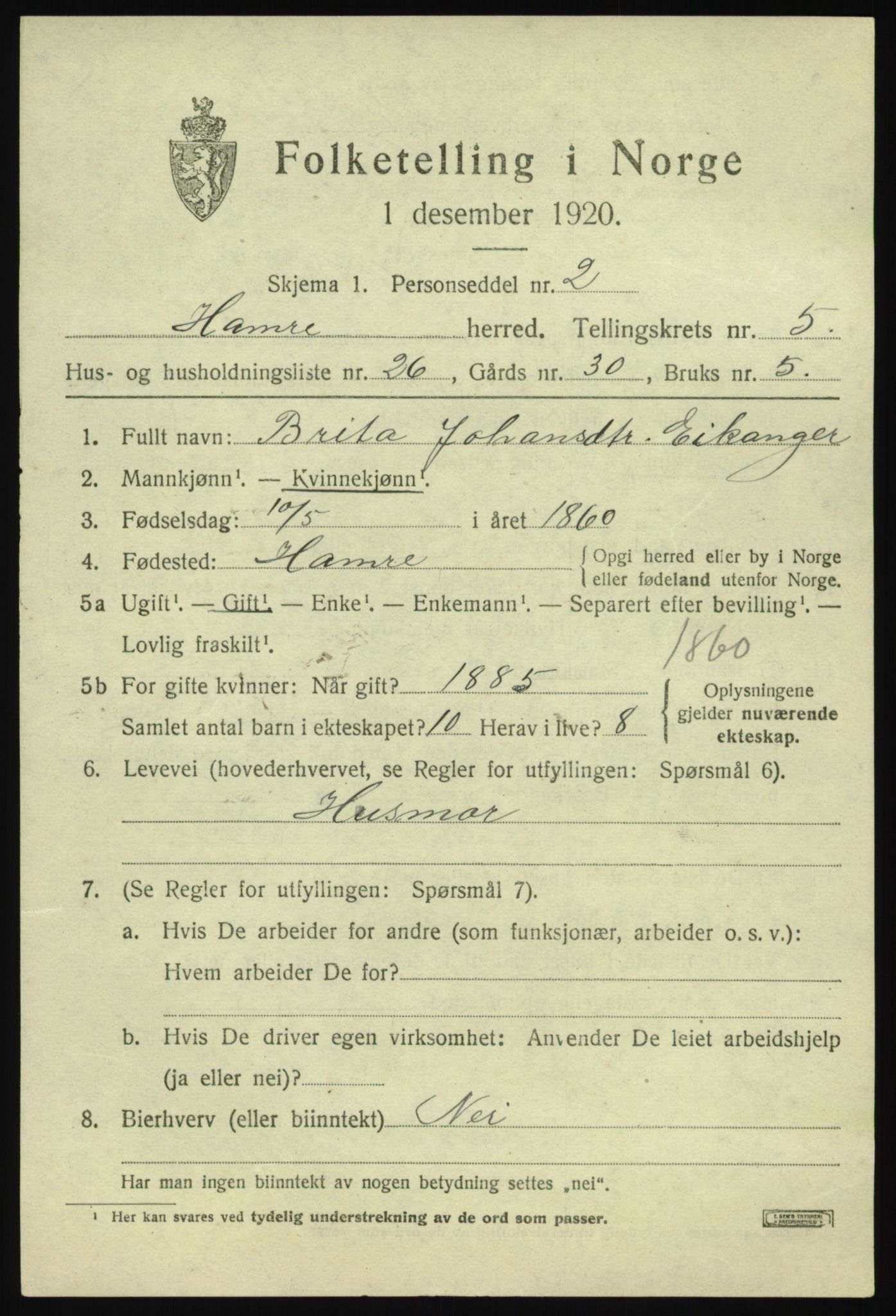 SAB, Folketelling 1920 for 1254 Hamre herred, 1920, s. 3223