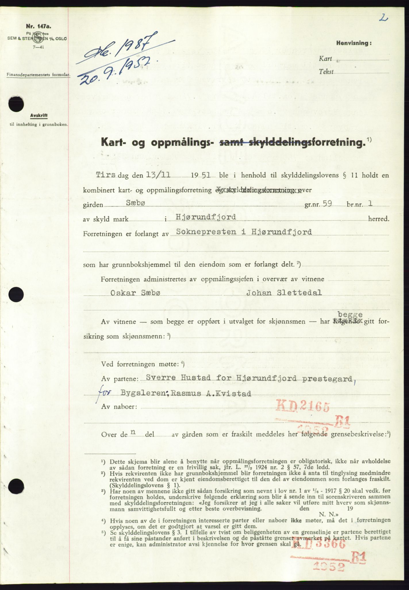 Søre Sunnmøre sorenskriveri, SAT/A-4122/1/2/2C/L0093: Pantebok nr. 19A, 1952-1953, Dagboknr: 1987/1952