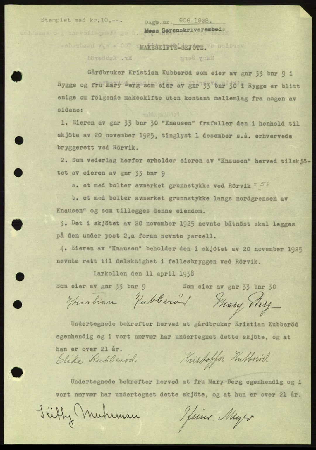 Moss sorenskriveri, SAO/A-10168: Pantebok nr. A4, 1938-1938, Dagboknr: 906/1938