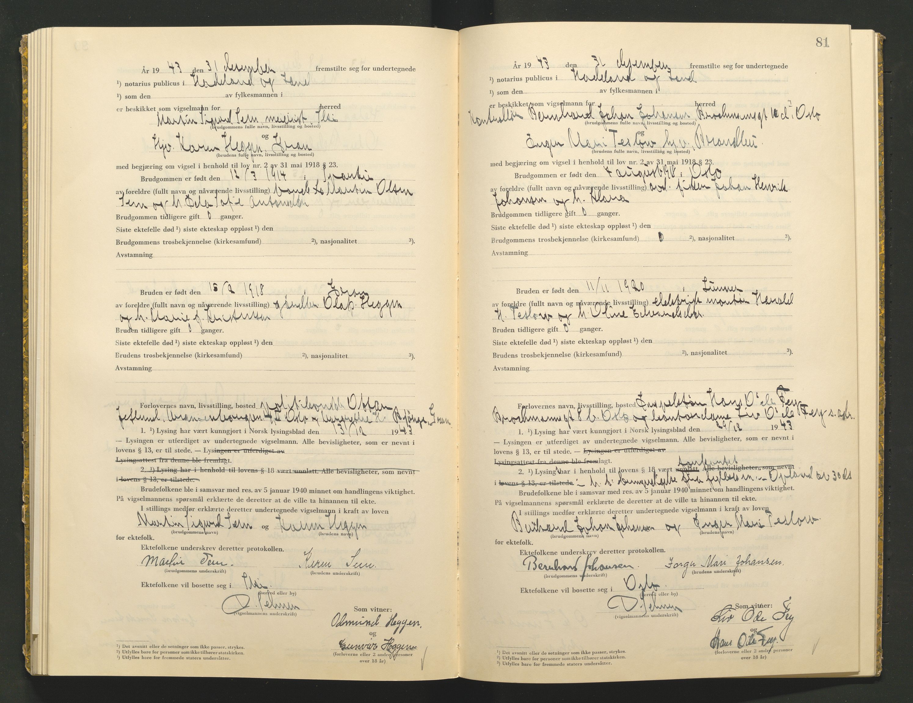 Hadeland og Land tingrett, AV/SAH-TING-010/L/Lb/L0002: Vigselbok, 1943-1944, s. 81