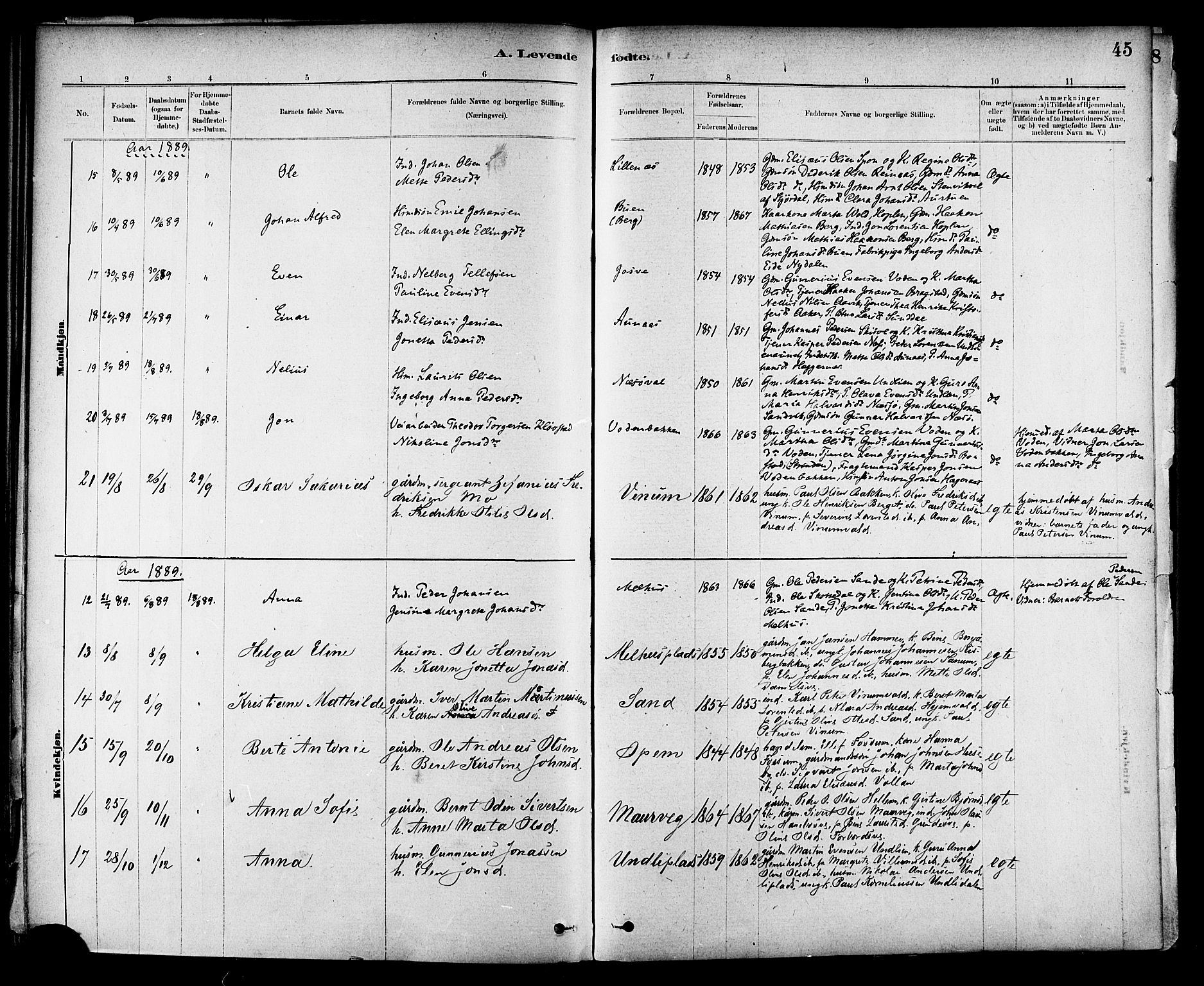 Ministerialprotokoller, klokkerbøker og fødselsregistre - Nord-Trøndelag, SAT/A-1458/714/L0130: Ministerialbok nr. 714A01, 1878-1895, s. 45