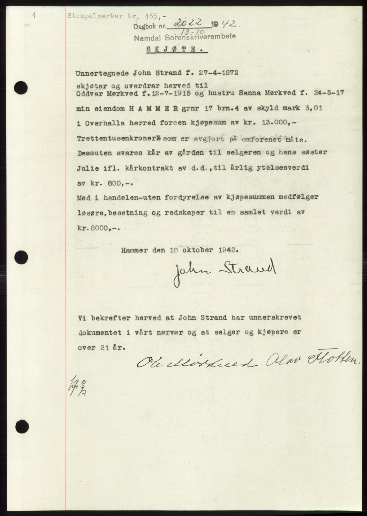 Namdal sorenskriveri, SAT/A-4133/1/2/2C: Pantebok nr. -, 1942-1943, Dagboknr: 2022/1942
