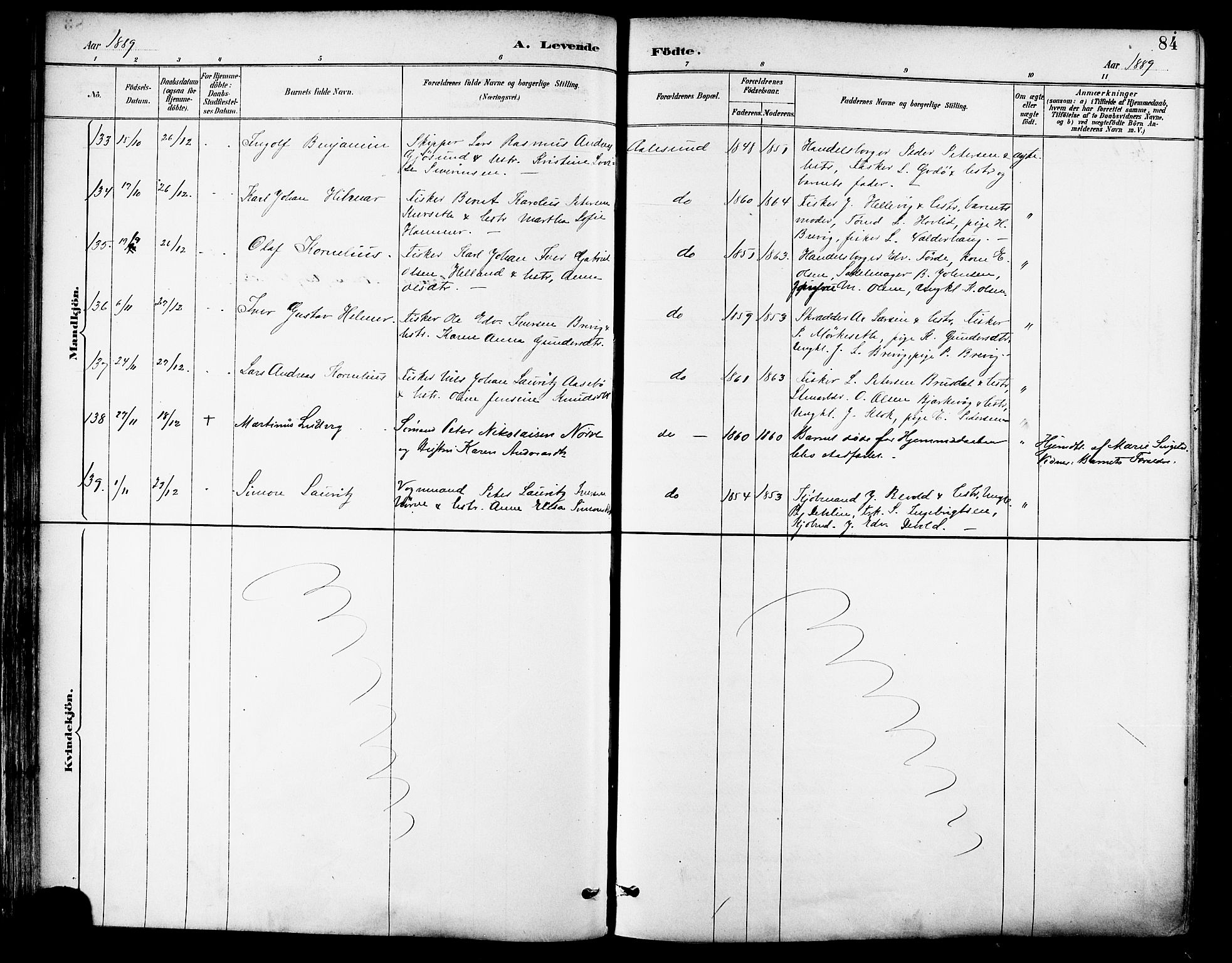 Ministerialprotokoller, klokkerbøker og fødselsregistre - Møre og Romsdal, SAT/A-1454/529/L0455: Ministerialbok nr. 529A05, 1885-1893, s. 84