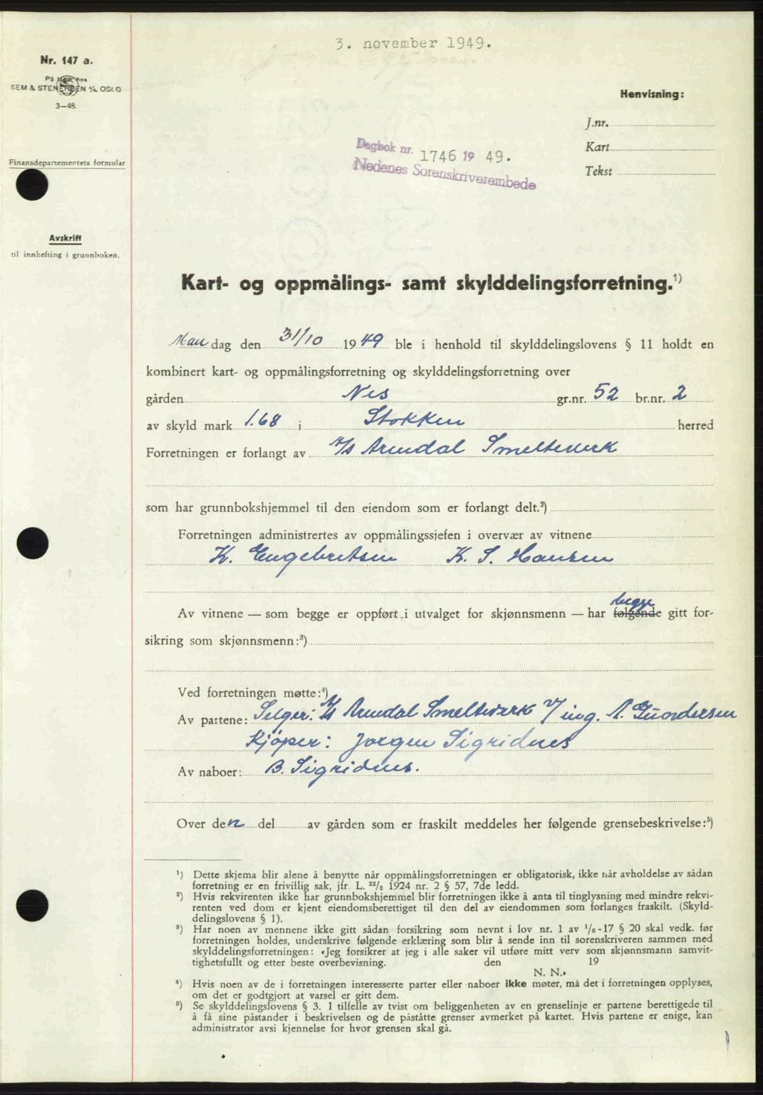 Nedenes sorenskriveri, AV/SAK-1221-0006/G/Gb/Gba/L0061: Pantebok nr. A13, 1949-1949, Dagboknr: 1746/1949