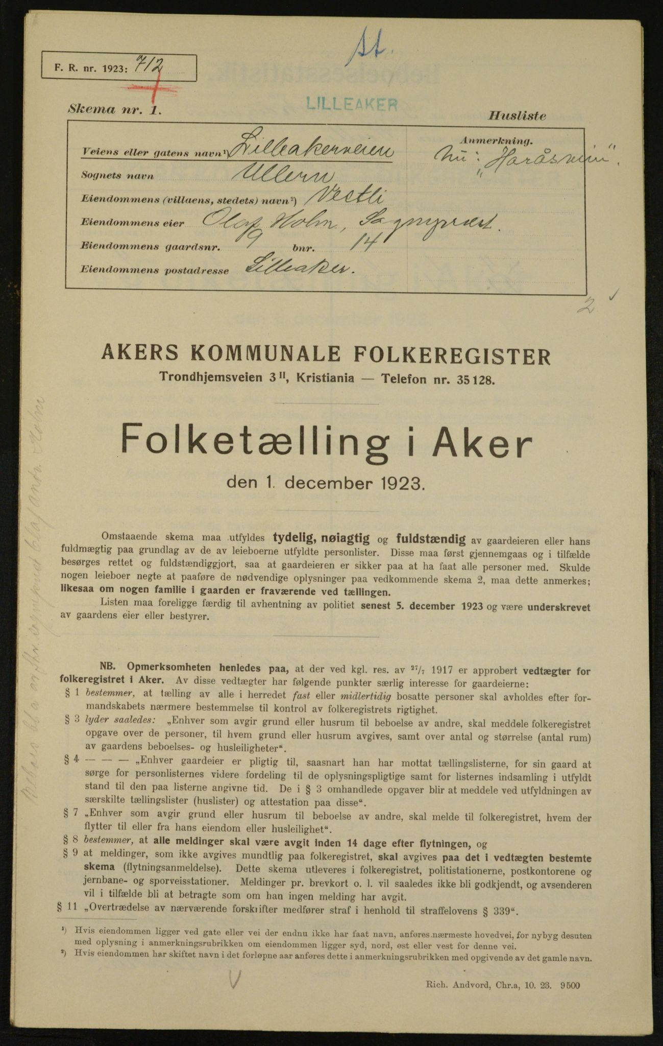 , Kommunal folketelling 1.12.1923 for Aker, 1923, s. 4118