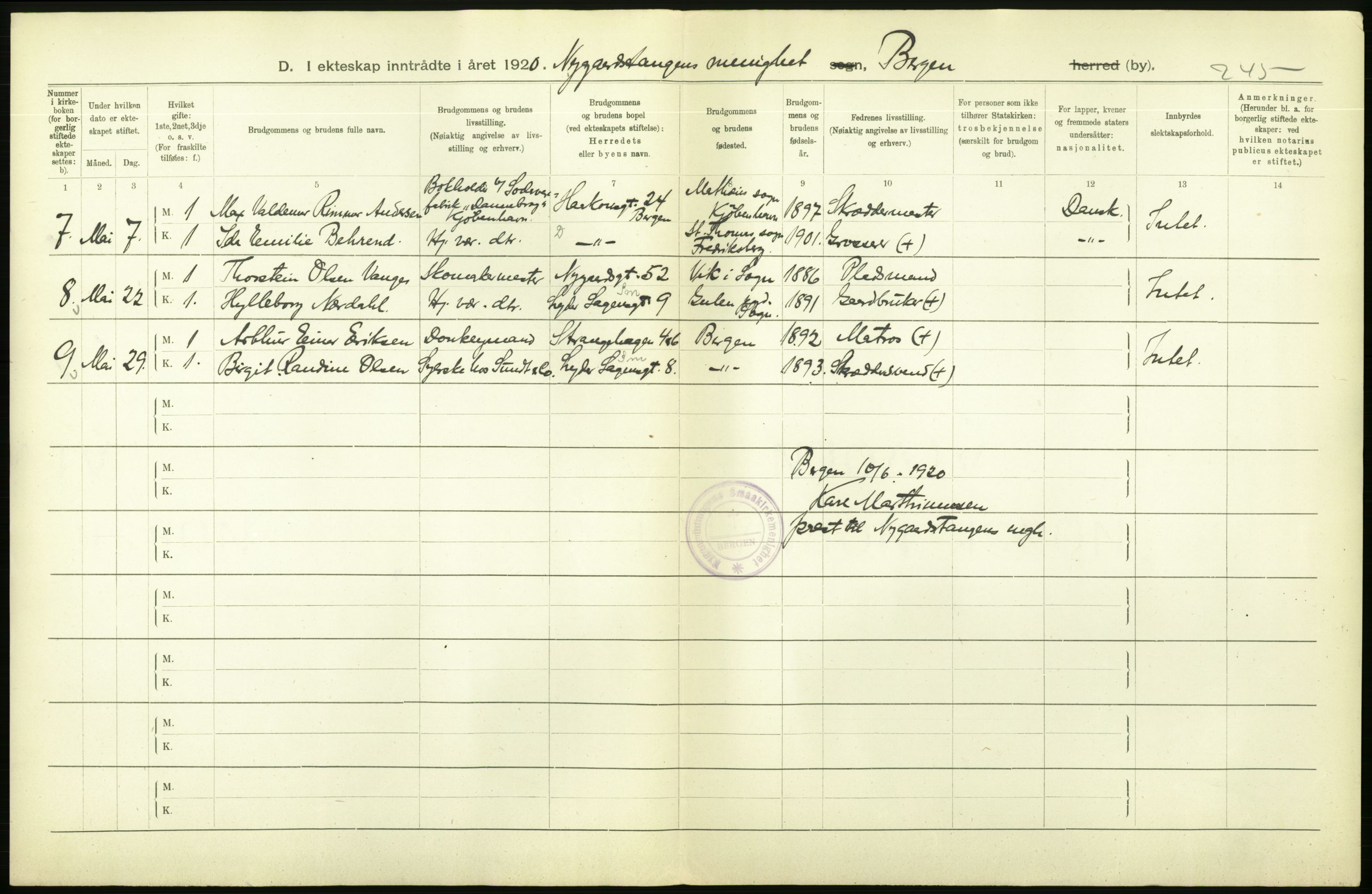 Statistisk sentralbyrå, Sosiodemografiske emner, Befolkning, AV/RA-S-2228/D/Df/Dfb/Dfbj/L0042: Bergen: Gifte, døde, dødfødte., 1920, s. 18