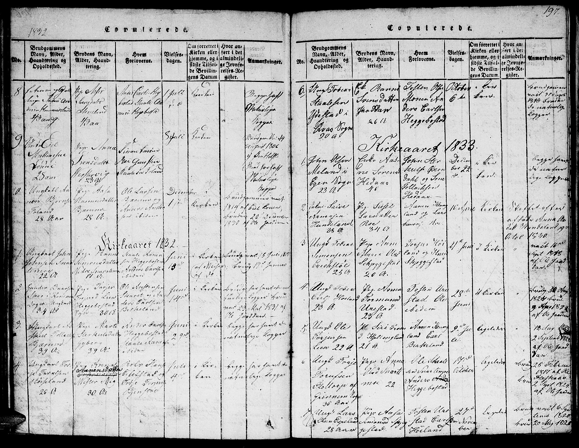 Hægebostad sokneprestkontor, SAK/1111-0024/F/Fb/Fba/L0001: Klokkerbok nr. B 1, 1815-1844, s. 197