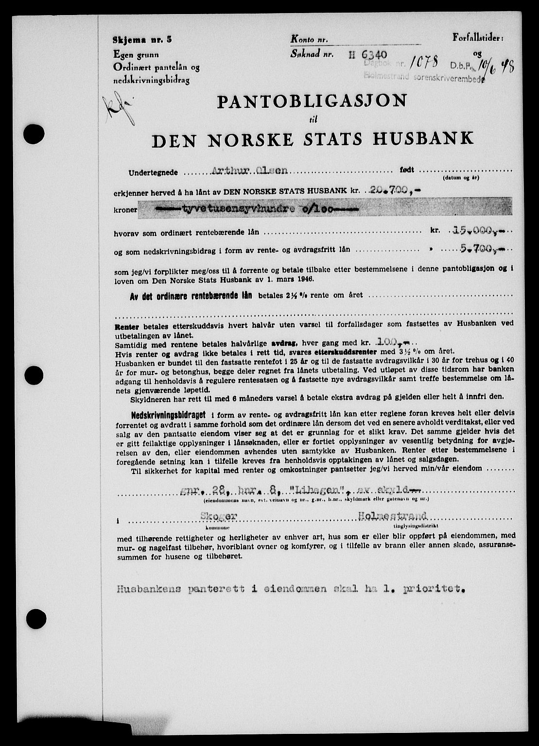 Holmestrand sorenskriveri, SAKO/A-67/G/Ga/Gab/L0058: Pantebok nr. B-58, 1947-1948, Dagboknr: 1078/1948