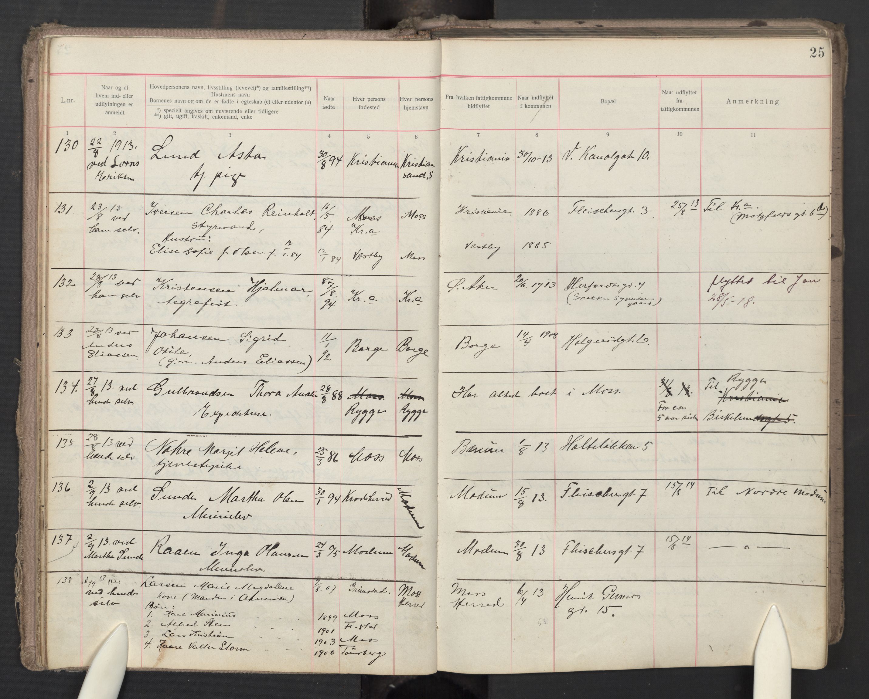 Moss folkeregister, AV/SAO-A-10020/J/L0003: Inn- og utflyttede i Moss fattigkommune, 1913-1917, s. 25