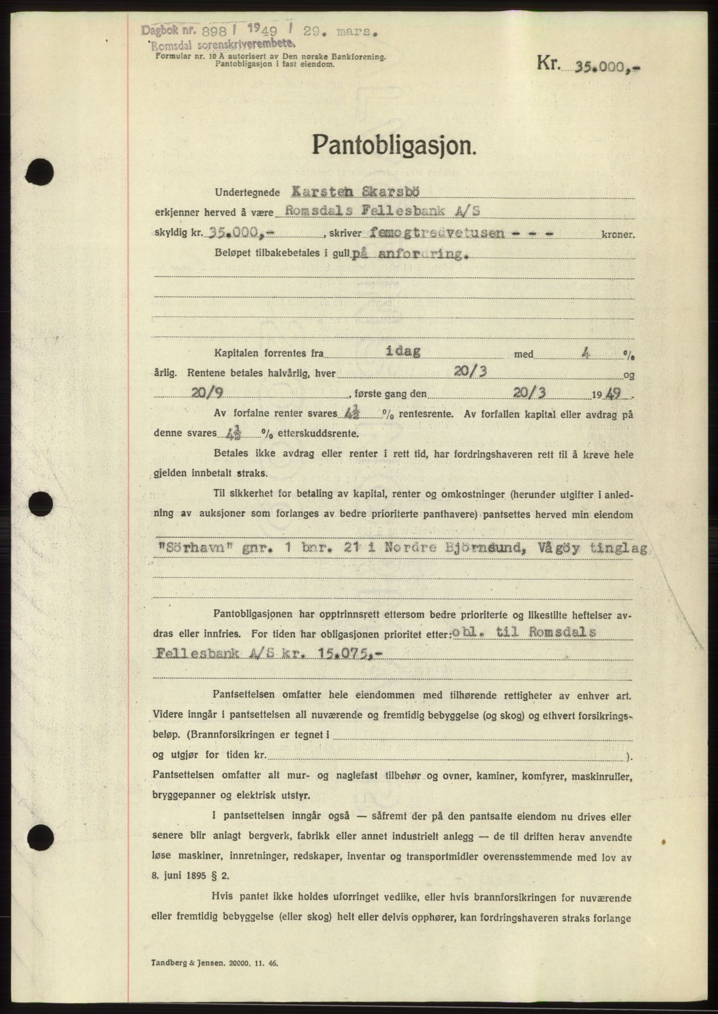 Romsdal sorenskriveri, SAT/A-4149/1/2/2C: Pantebok nr. B4, 1948-1949, Dagboknr: 898/1949