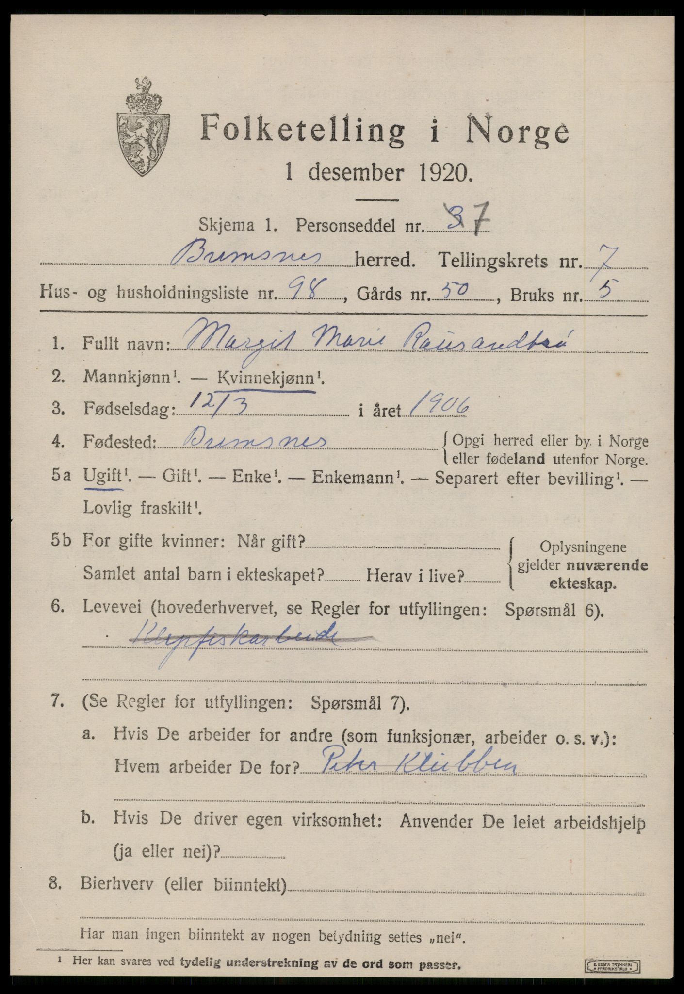 SAT, Folketelling 1920 for 1554 Bremsnes herred, 1920, s. 6733