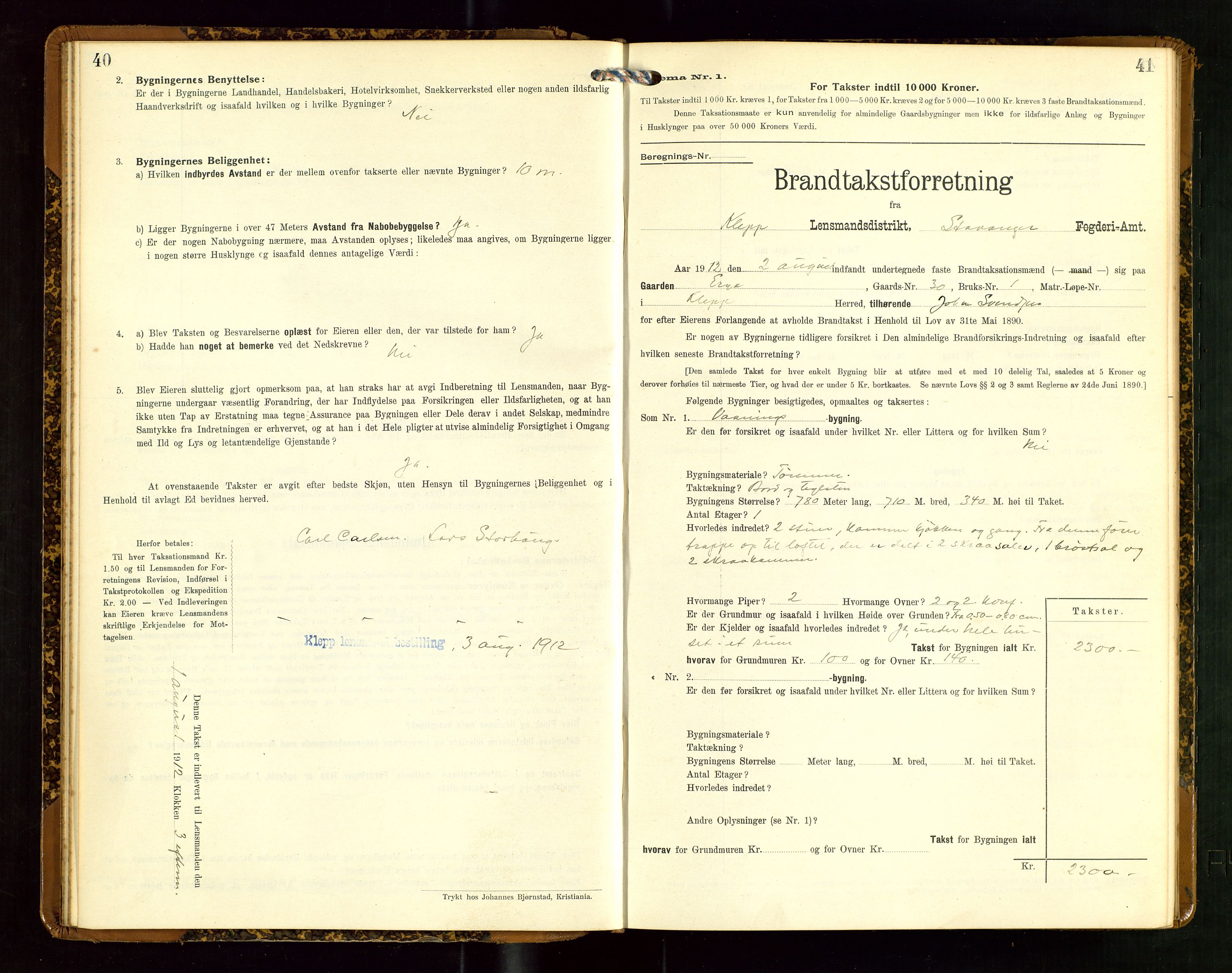 Klepp lensmannskontor, AV/SAST-A-100163/Goc/L0007: "Brandtaxationsprotokol" m/register, 1911-1915, s. 40-41