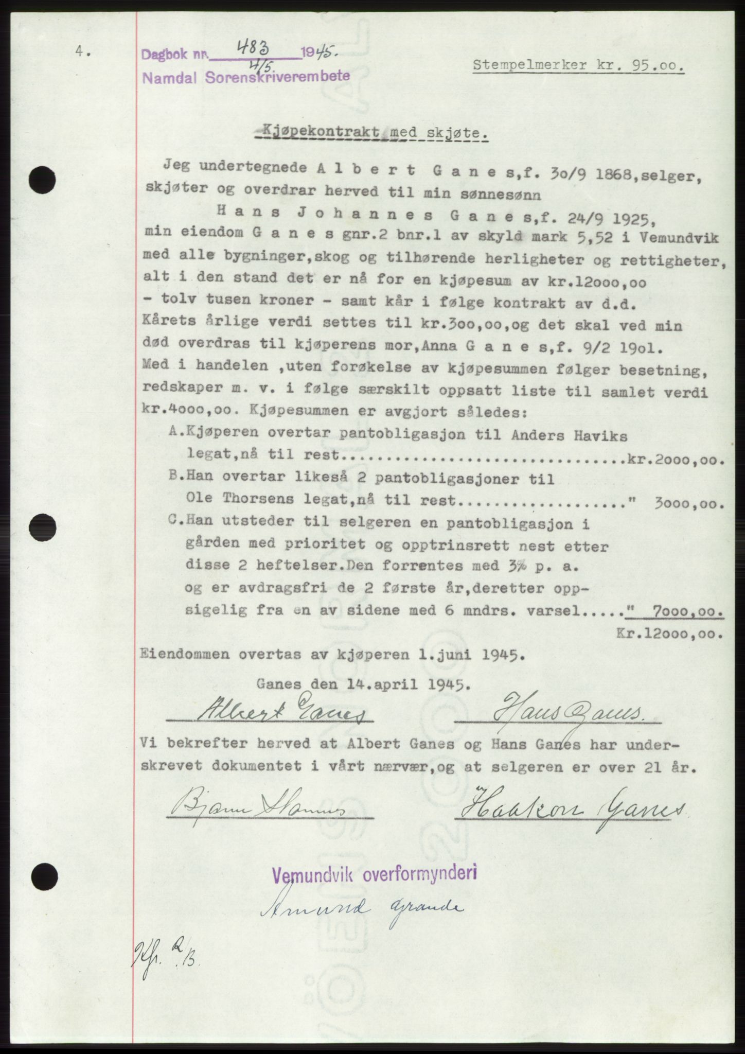 Namdal sorenskriveri, SAT/A-4133/1/2/2C: Pantebok nr. -, 1944-1945, Dagboknr: 483/1945