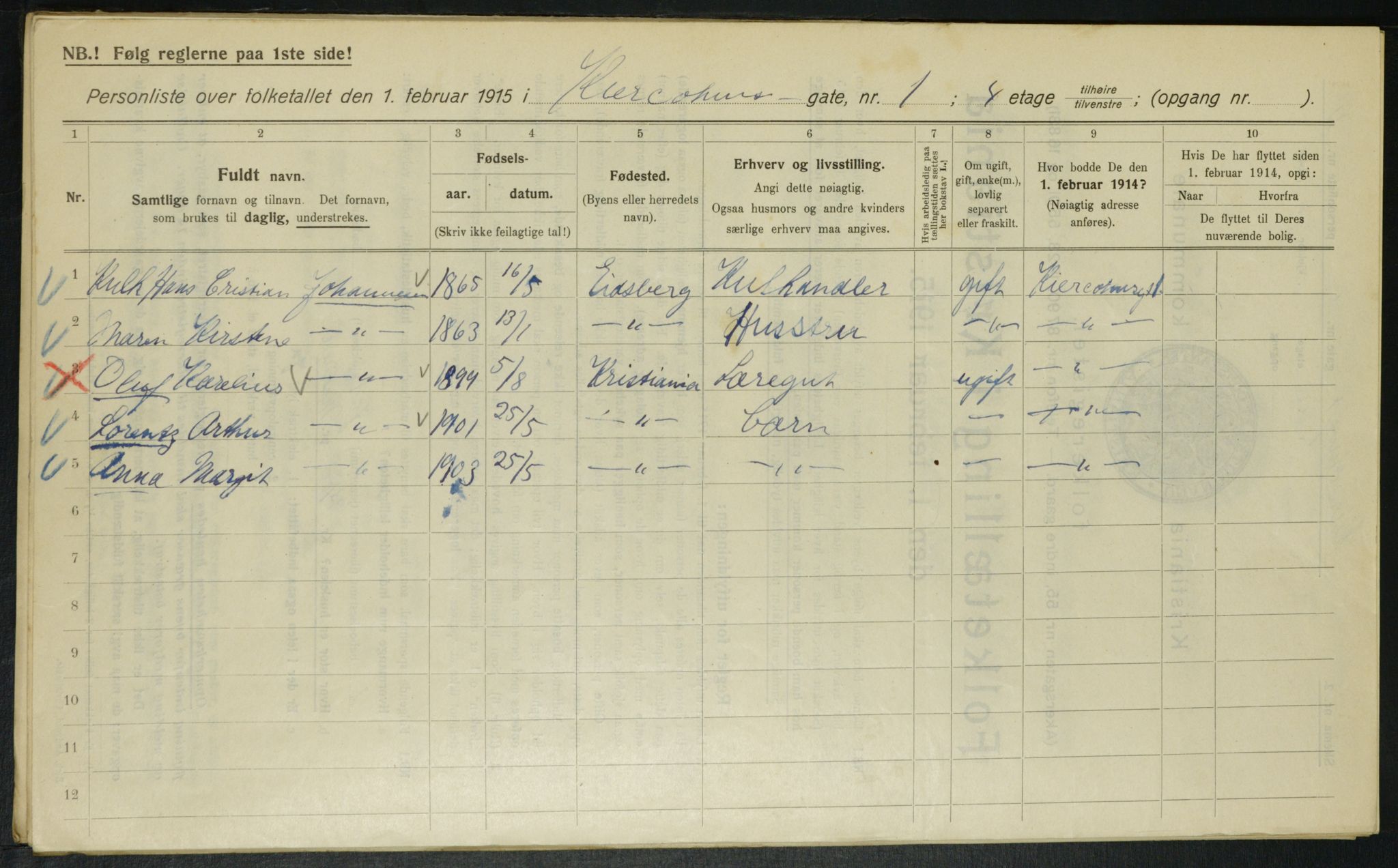 OBA, Kommunal folketelling 1.2.1915 for Kristiania, 1915, s. 48917