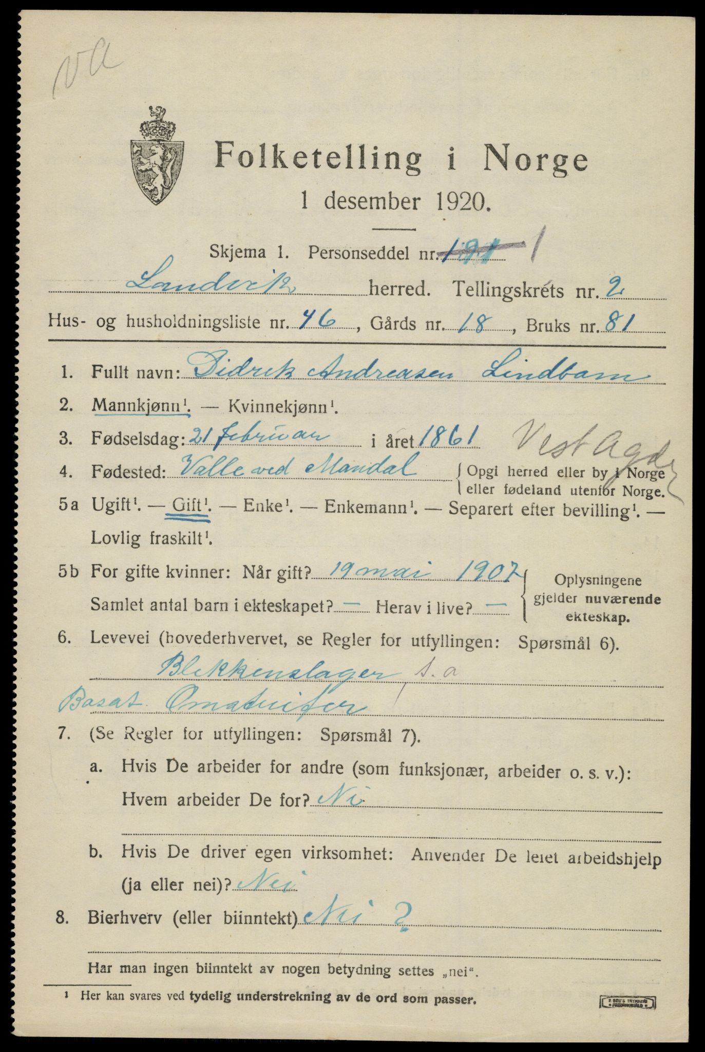 SAK, Folketelling 1920 for 0924 Landvik herred, 1920, s. 2148