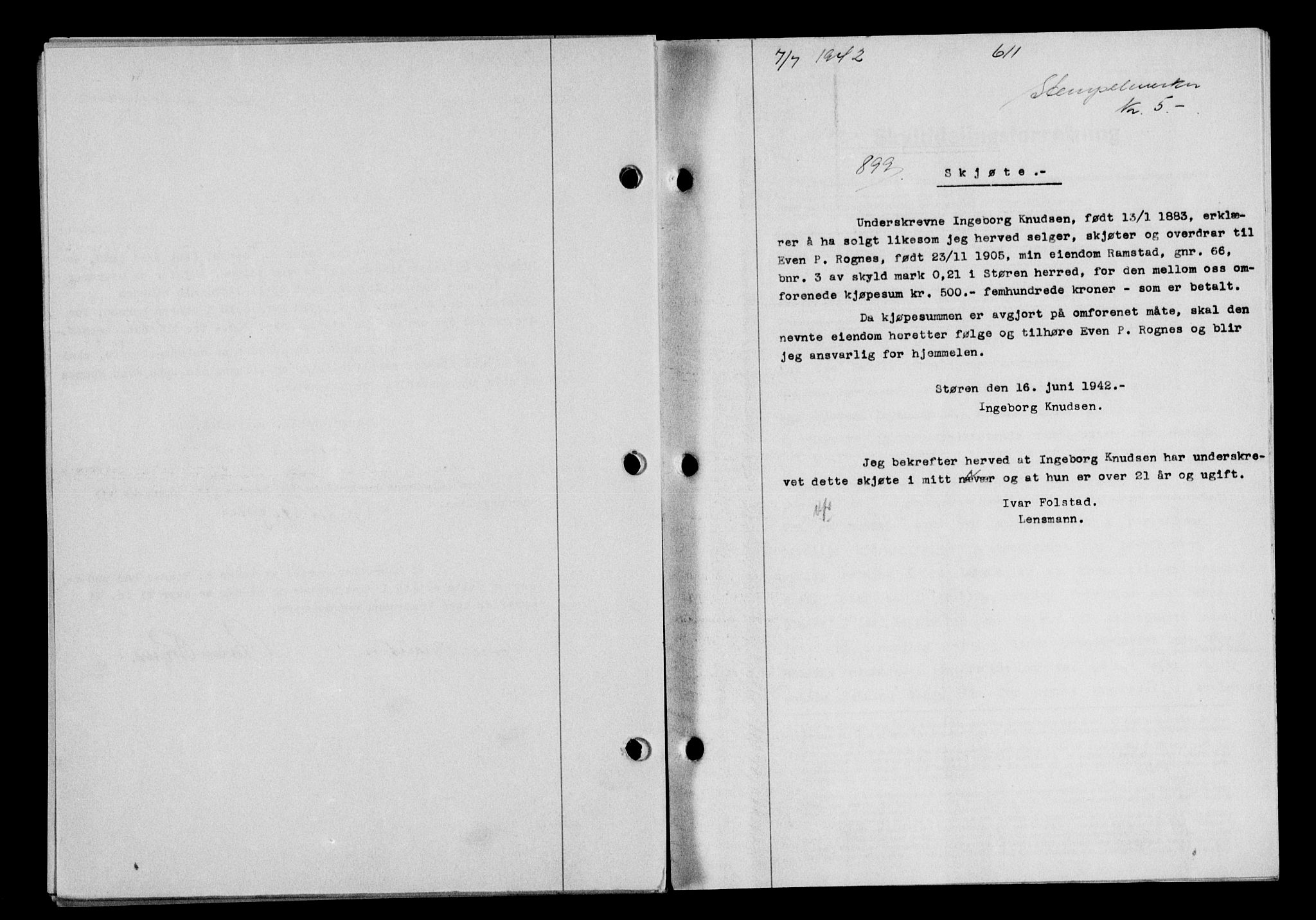 Gauldal sorenskriveri, SAT/A-0014/1/2/2C/L0054: Pantebok nr. 59, 1941-1942, Dagboknr: 899/1942