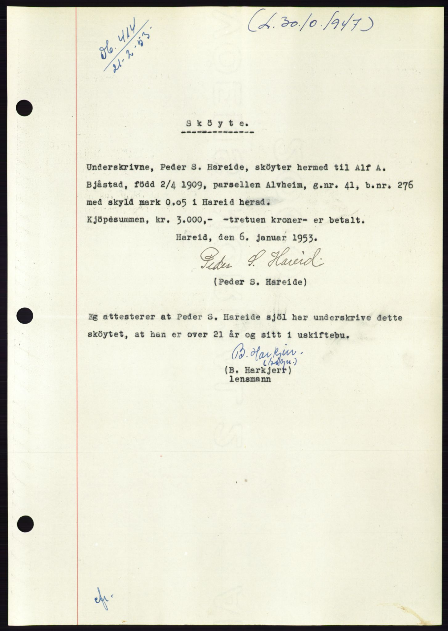 Søre Sunnmøre sorenskriveri, AV/SAT-A-4122/1/2/2C/L0094: Pantebok nr. 20A, 1953-1953, Dagboknr: 414/1953