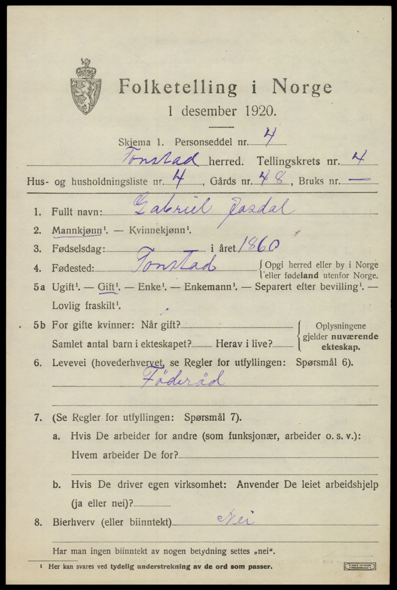 SAK, Folketelling 1920 for 1046 Tonstad herred, 1920, s. 1320