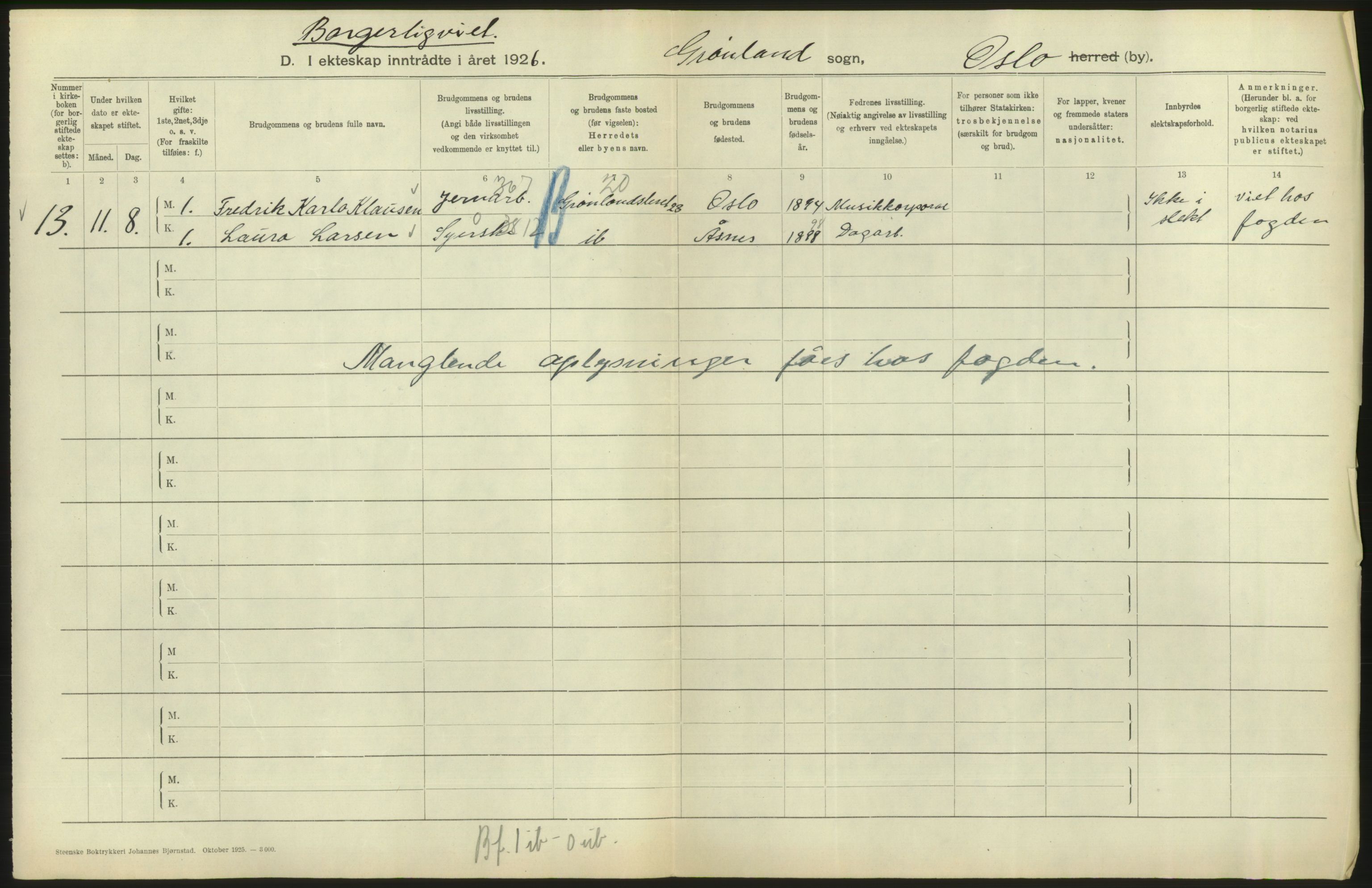 Statistisk sentralbyrå, Sosiodemografiske emner, Befolkning, AV/RA-S-2228/D/Df/Dfc/Dfcf/L0008: Oslo: Gifte, 1926, s. 490