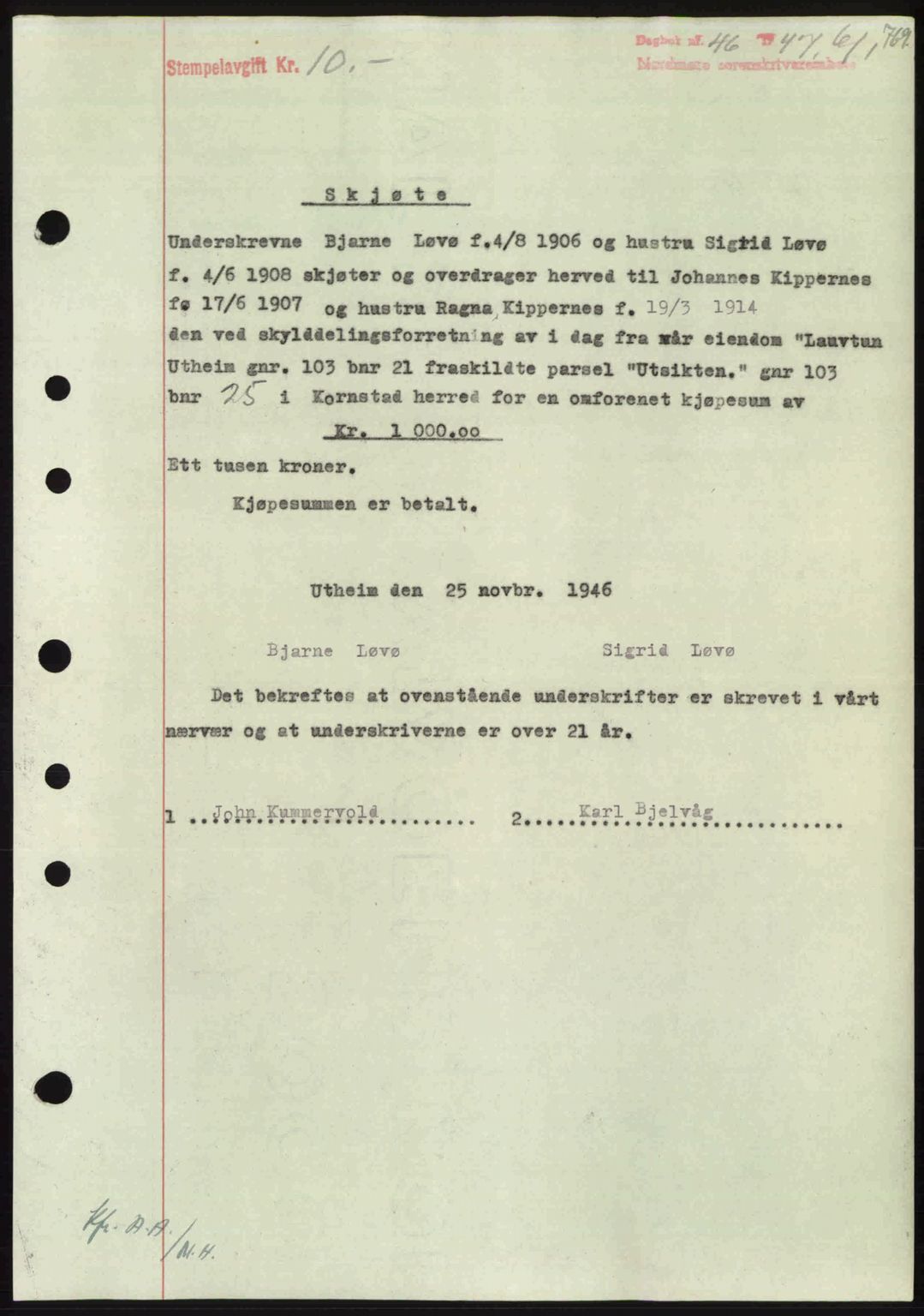 Nordmøre sorenskriveri, SAT/A-4132/1/2/2Ca: Pantebok nr. A103, 1946-1947, Dagboknr: 46/1947