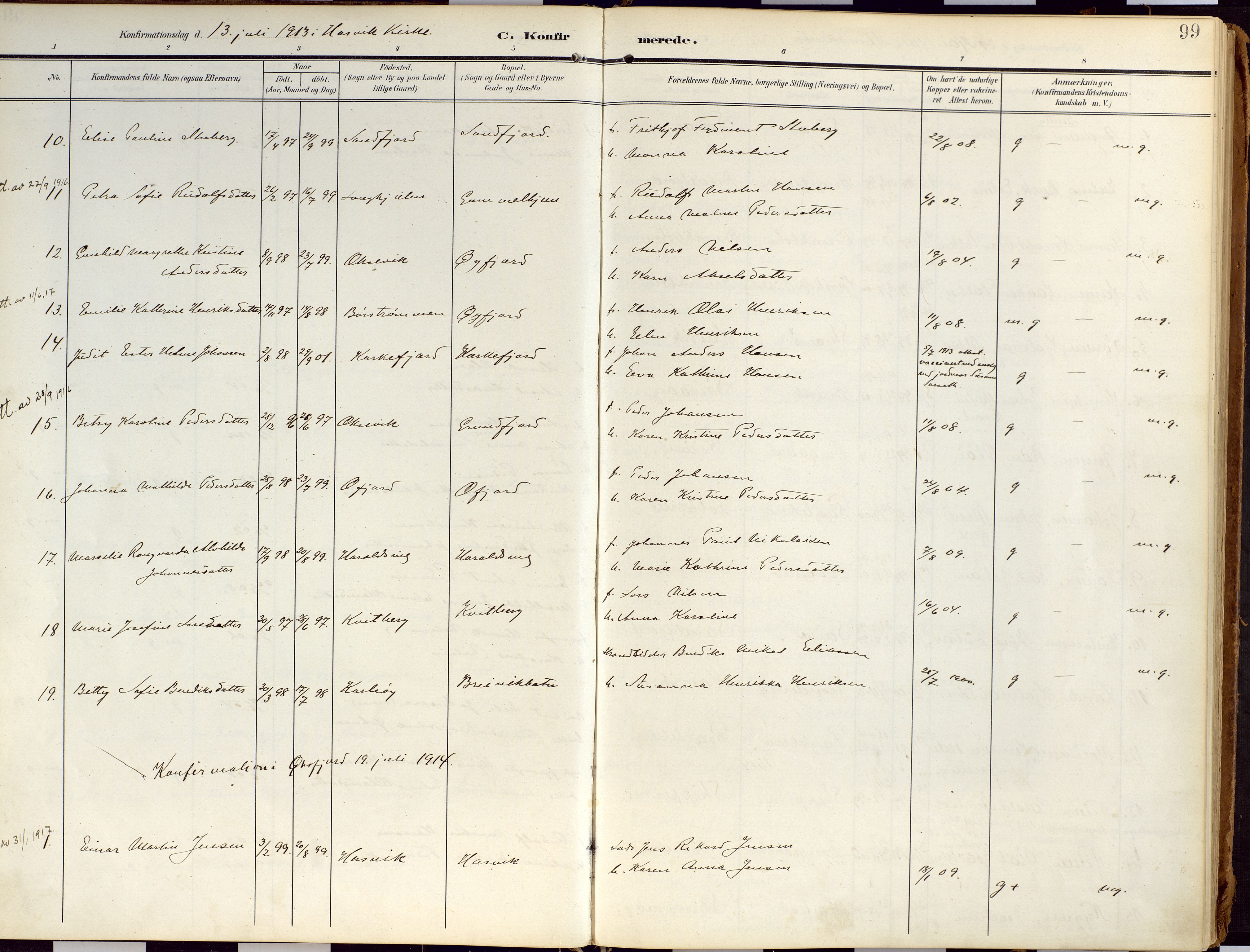 Loppa sokneprestkontor, AV/SATØ-S-1339/H/Ha/L0010kirke: Ministerialbok nr. 10, 1907-1922, s. 99