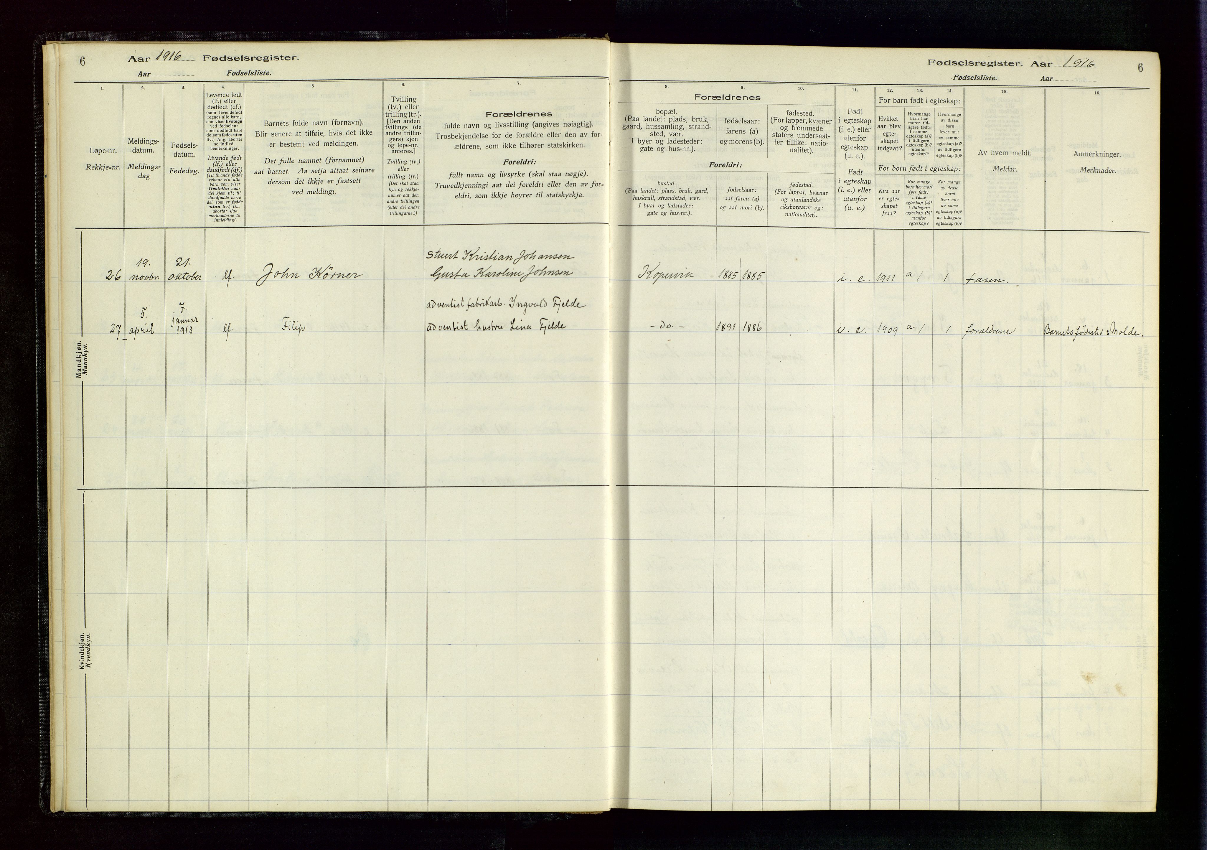 Kopervik sokneprestkontor, AV/SAST-A-101850/I/Id/L0001: Fødselsregister nr. 1, 1916-1952, s. 6