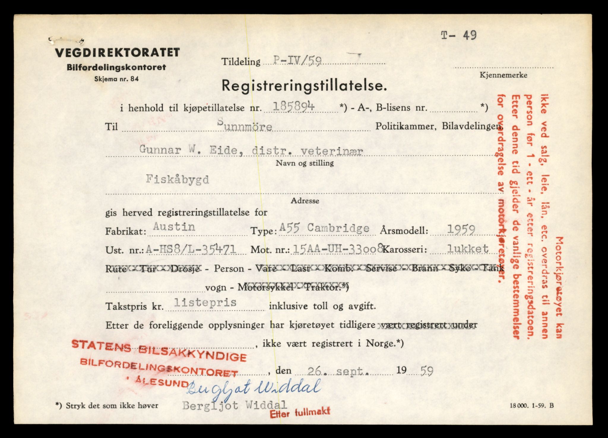 Møre og Romsdal vegkontor - Ålesund trafikkstasjon, AV/SAT-A-4099/F/Fe/L0001: Registreringskort for kjøretøy T 3 - T 127, 1927-1998, s. 1007