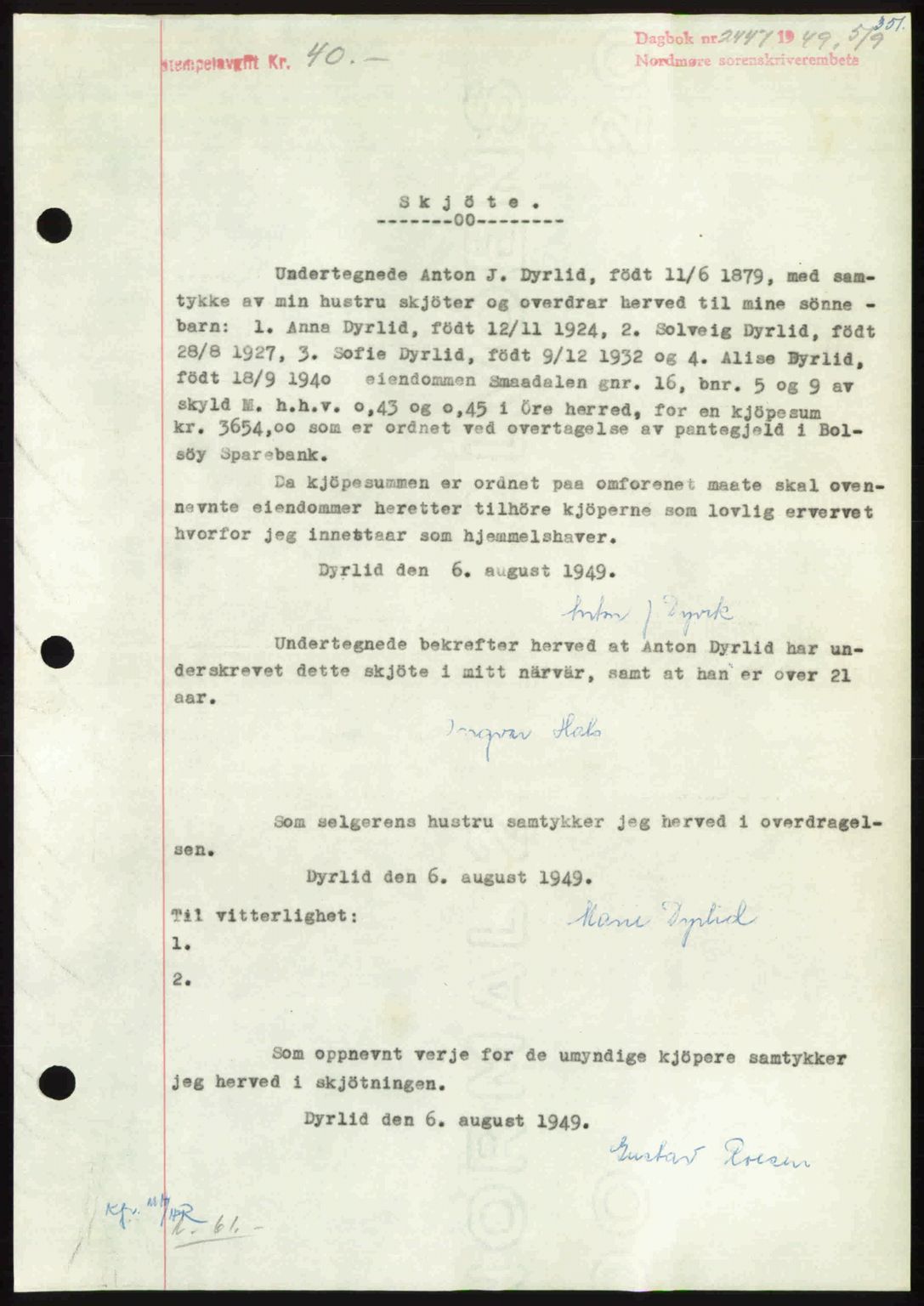 Nordmøre sorenskriveri, SAT/A-4132/1/2/2Ca: Pantebok nr. A112, 1949-1949, Dagboknr: 2447/1949