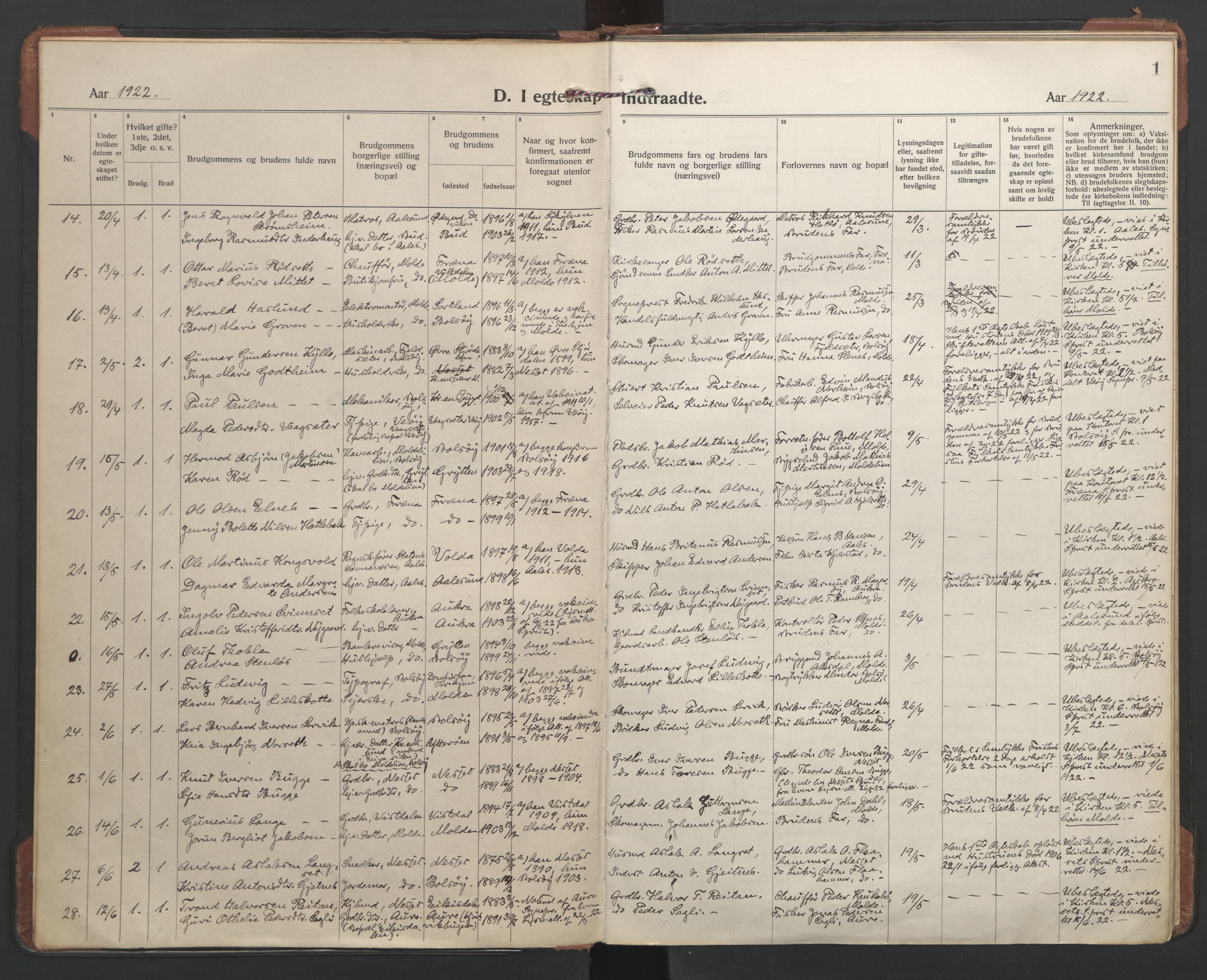 Ministerialprotokoller, klokkerbøker og fødselsregistre - Møre og Romsdal, AV/SAT-A-1454/558/L0698: Ministerialbok nr. 558A12, 1922-1937, s. 1