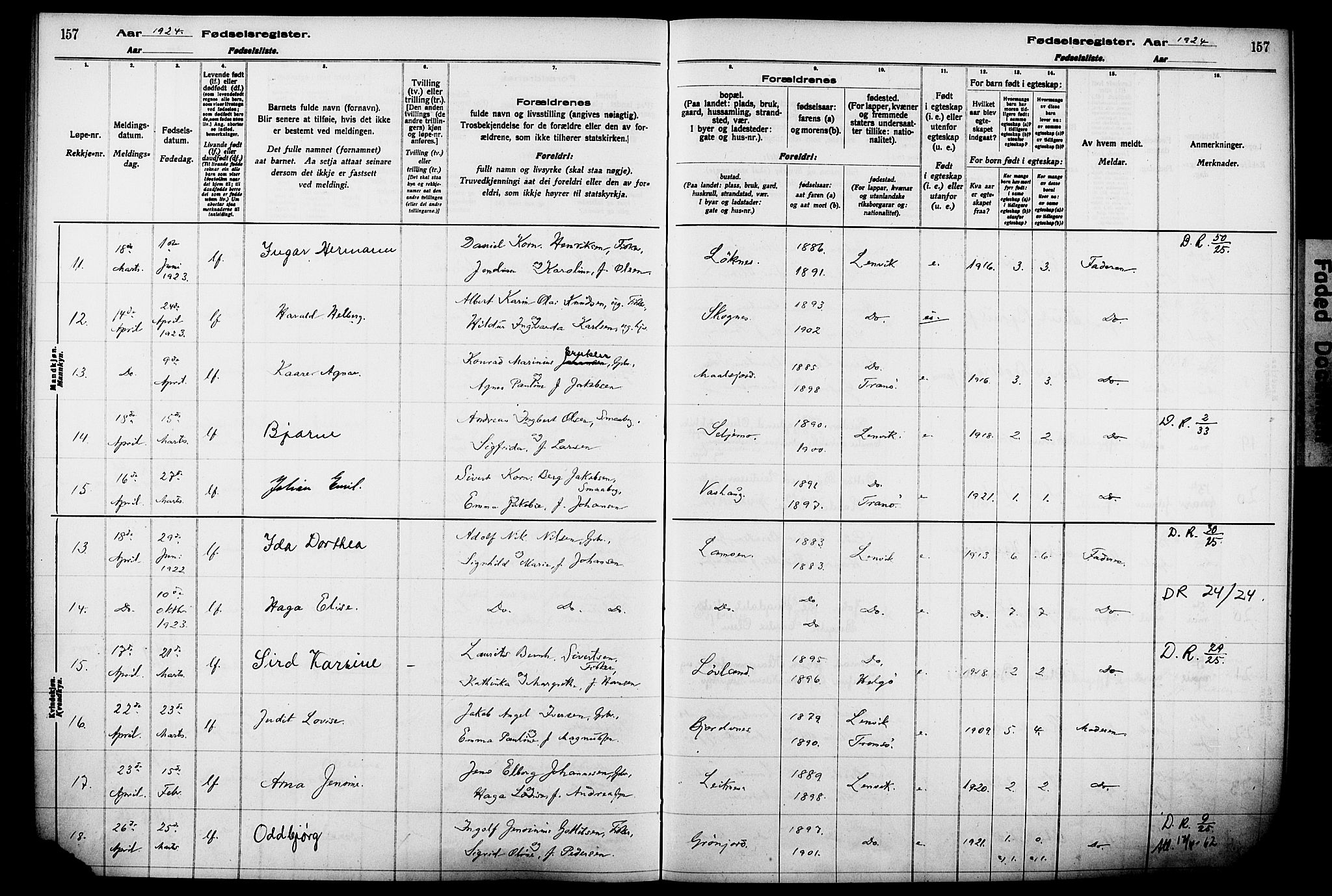 Lenvik sokneprestembete, AV/SATØ-S-1310/I/Ic/L0089: Fødselsregister nr. 89, 1916-1926, s. 157