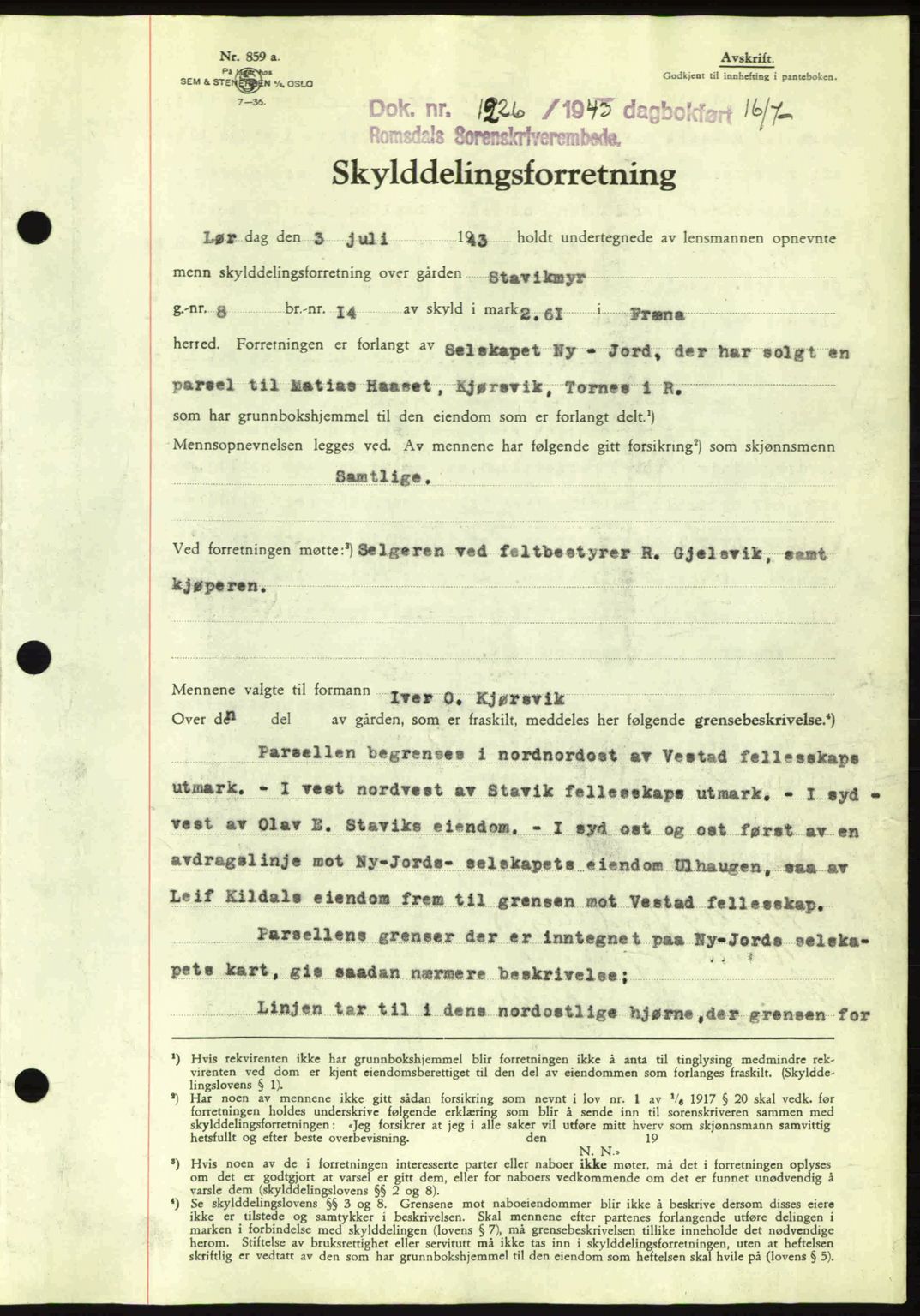 Romsdal sorenskriveri, SAT/A-4149/1/2/2C: Pantebok nr. A14, 1943-1943, Dagboknr: 1226/1943