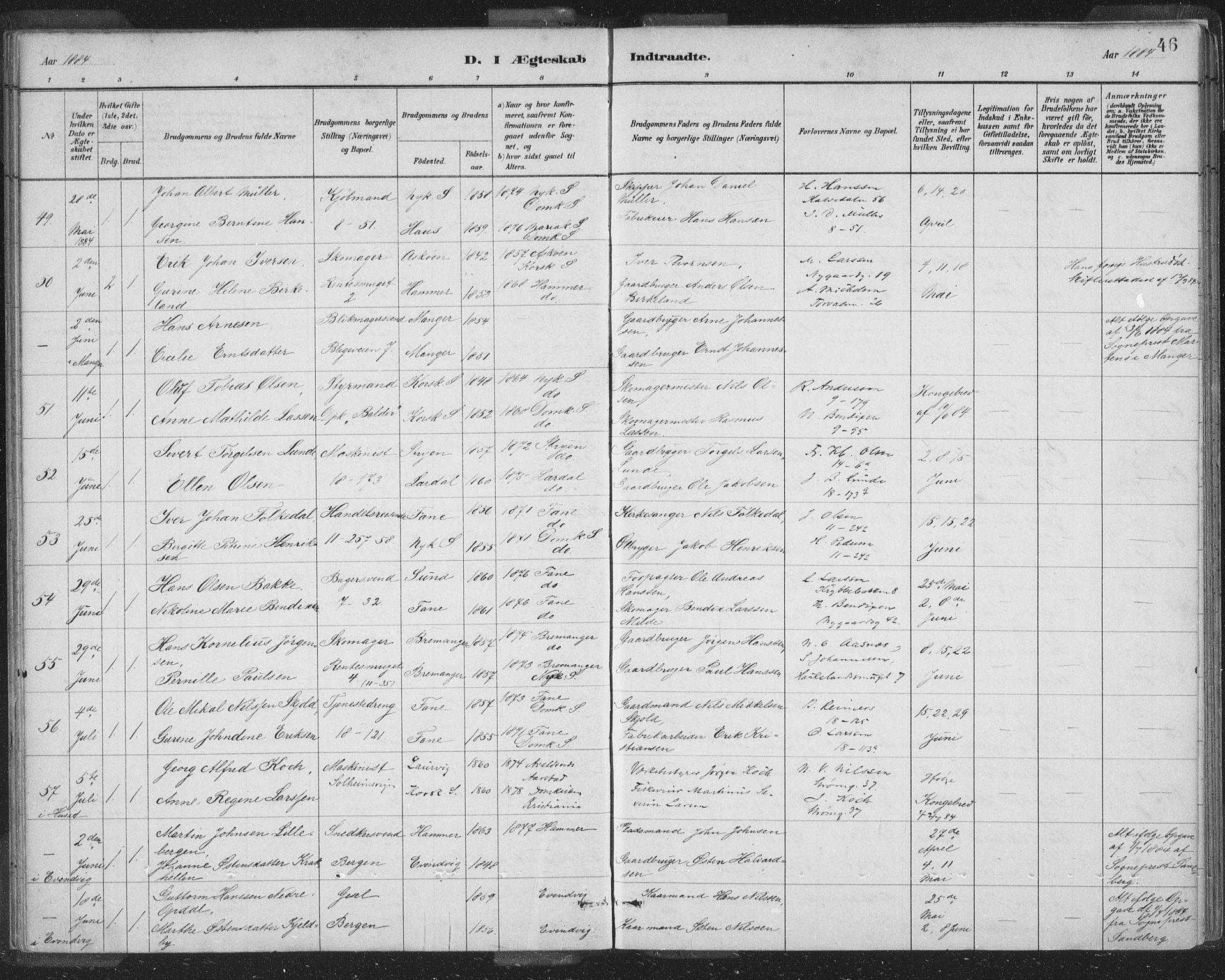 Domkirken sokneprestembete, AV/SAB-A-74801/H/Hab/L0032: Klokkerbok nr. D 4, 1880-1907, s. 46