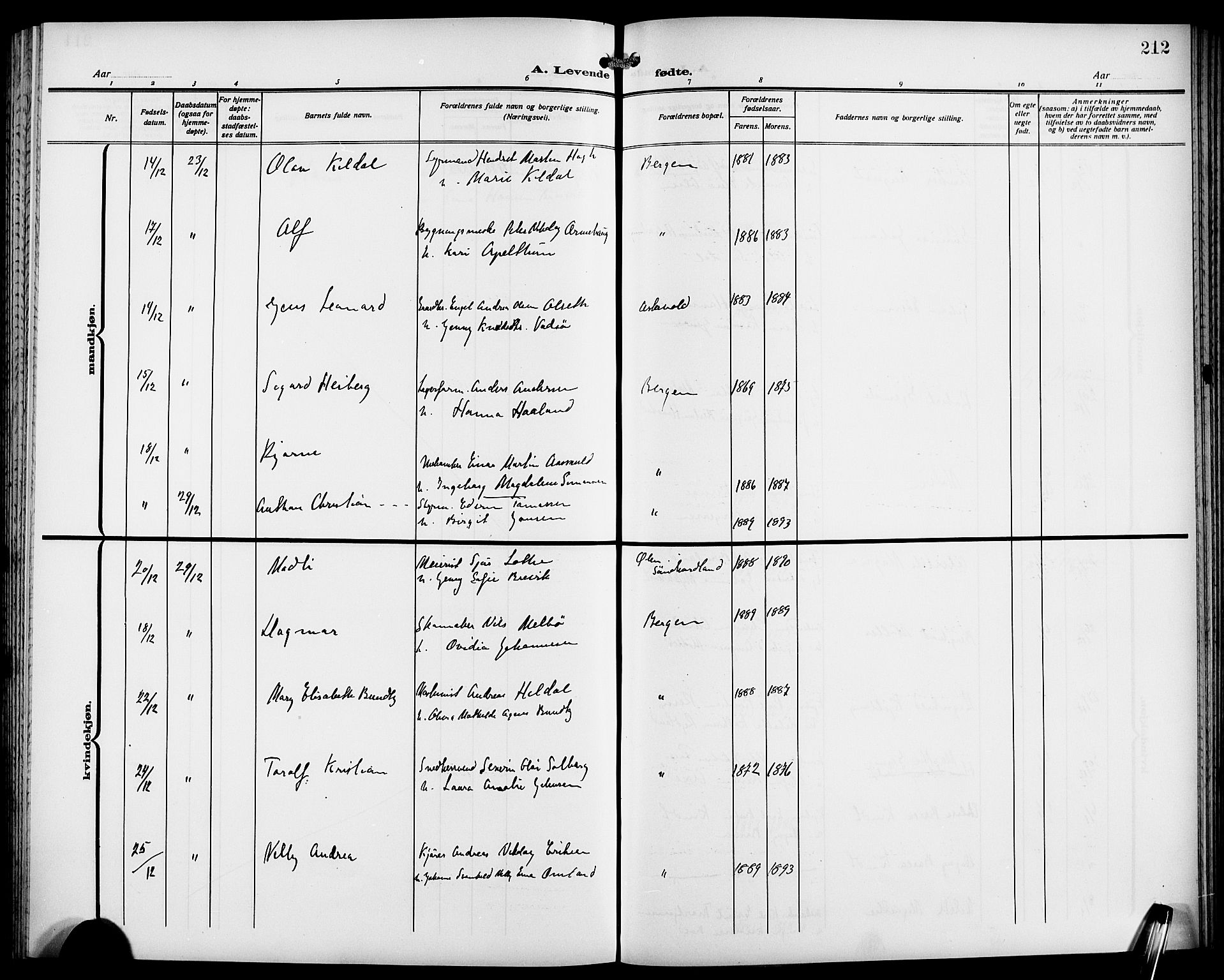 Fødselsstiftelsens sokneprestembete*, SAB/-: Klokkerbok nr. A 2, 1909-1916, s. 212